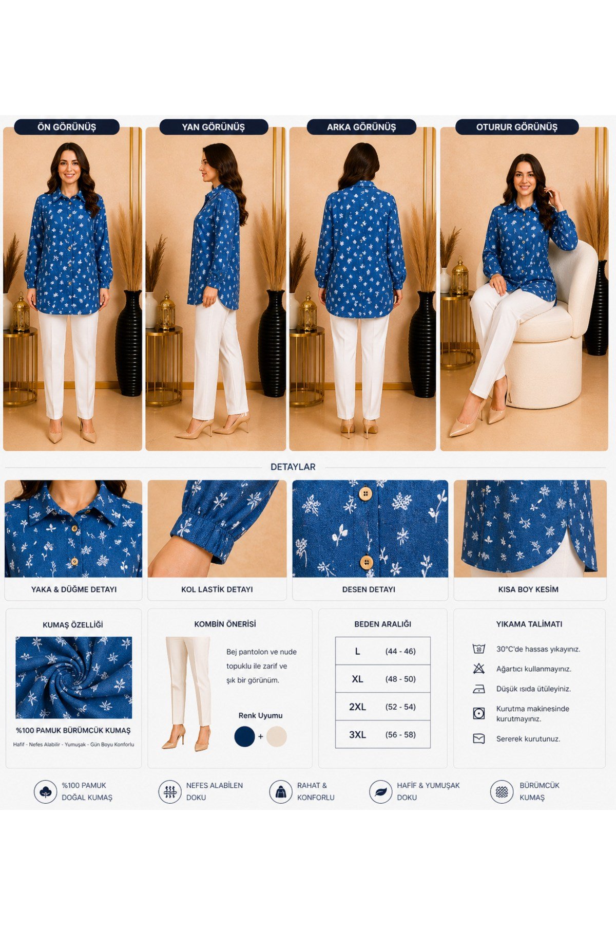 MODA BAŞAK BÜRÜMCÜK DESENLİ GÖMLEK RAHAT KESİM BÜYÜK BEDEN