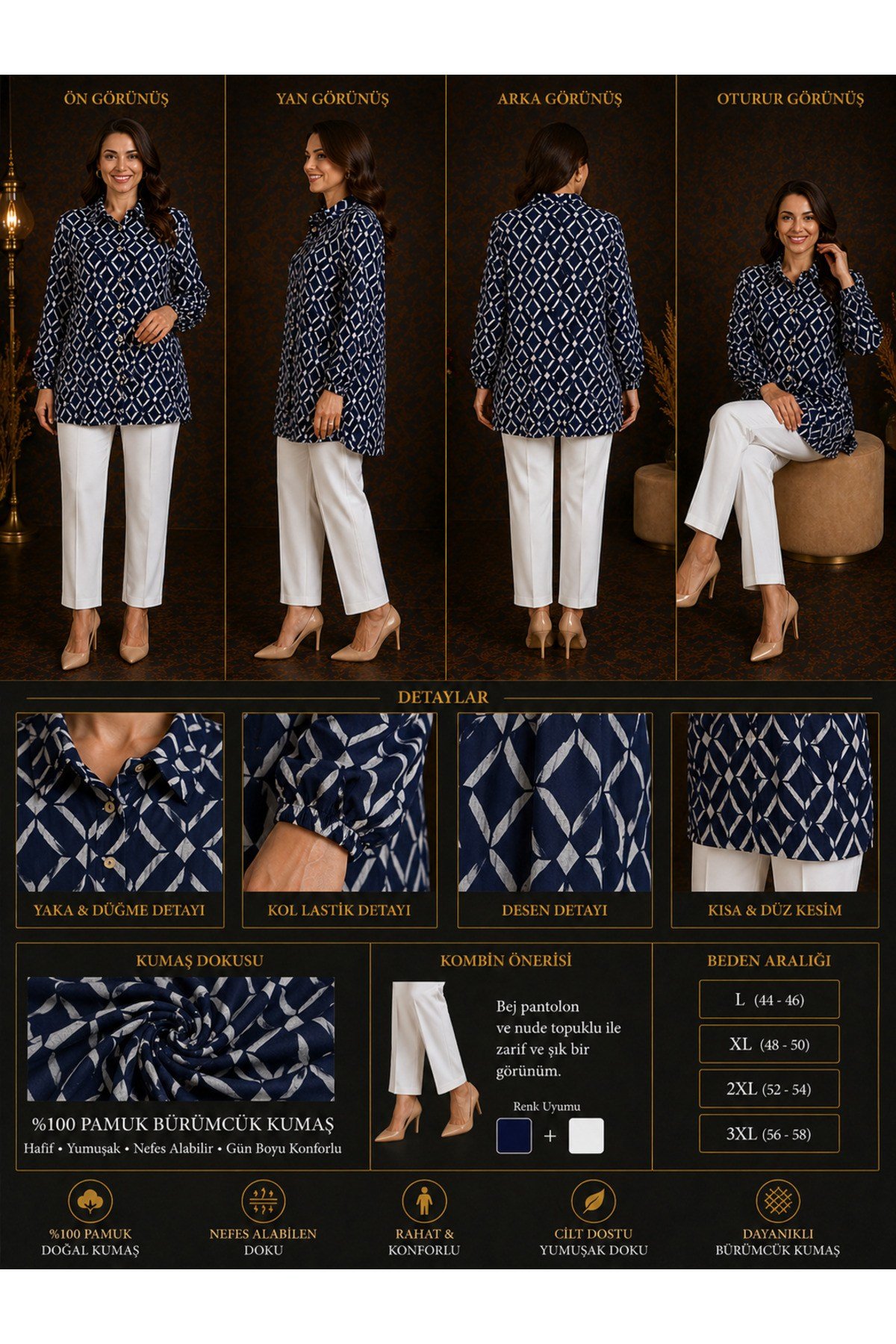MODA BAŞAK BÜRÜMCÜK DESENLİ GÖMLEK RAHAT KESİM BÜYÜK BEDEN