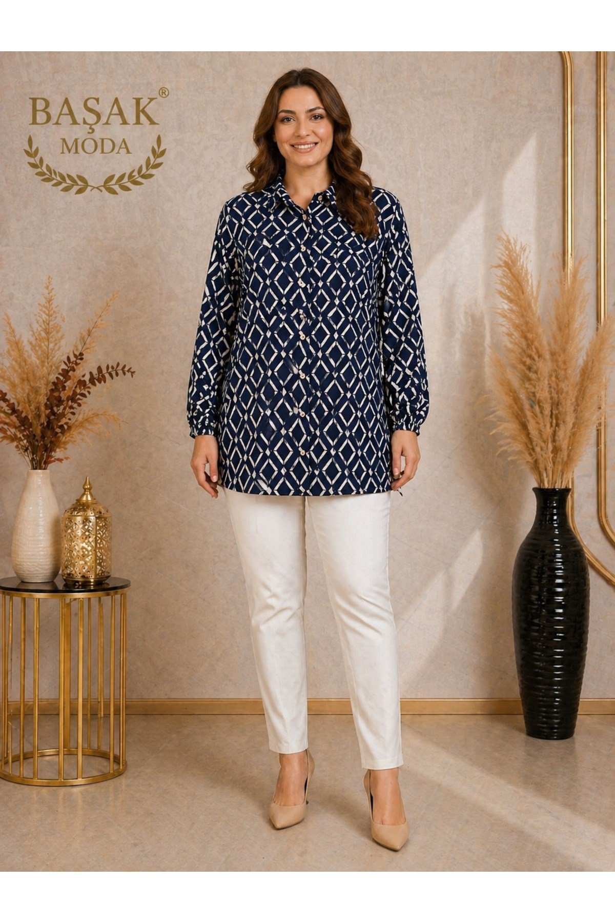 MODA BAŞAK BÜRÜMCÜK DESENLİ GÖMLEK RAHAT KESİM BÜYÜK BEDEN