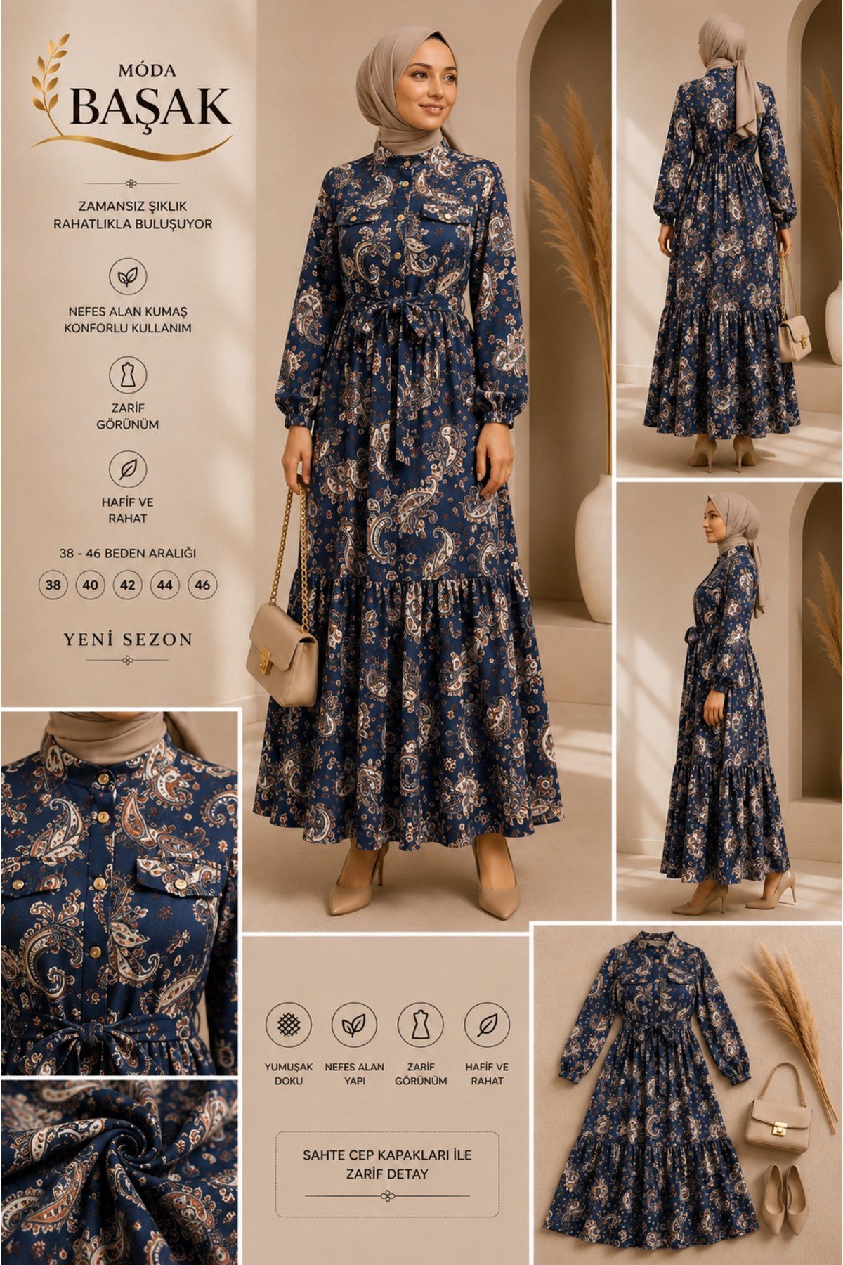 MODA BAŞAK YAZLIK DESENLİ MANGO KUMAŞ RAHAT KALIP ELBİSE