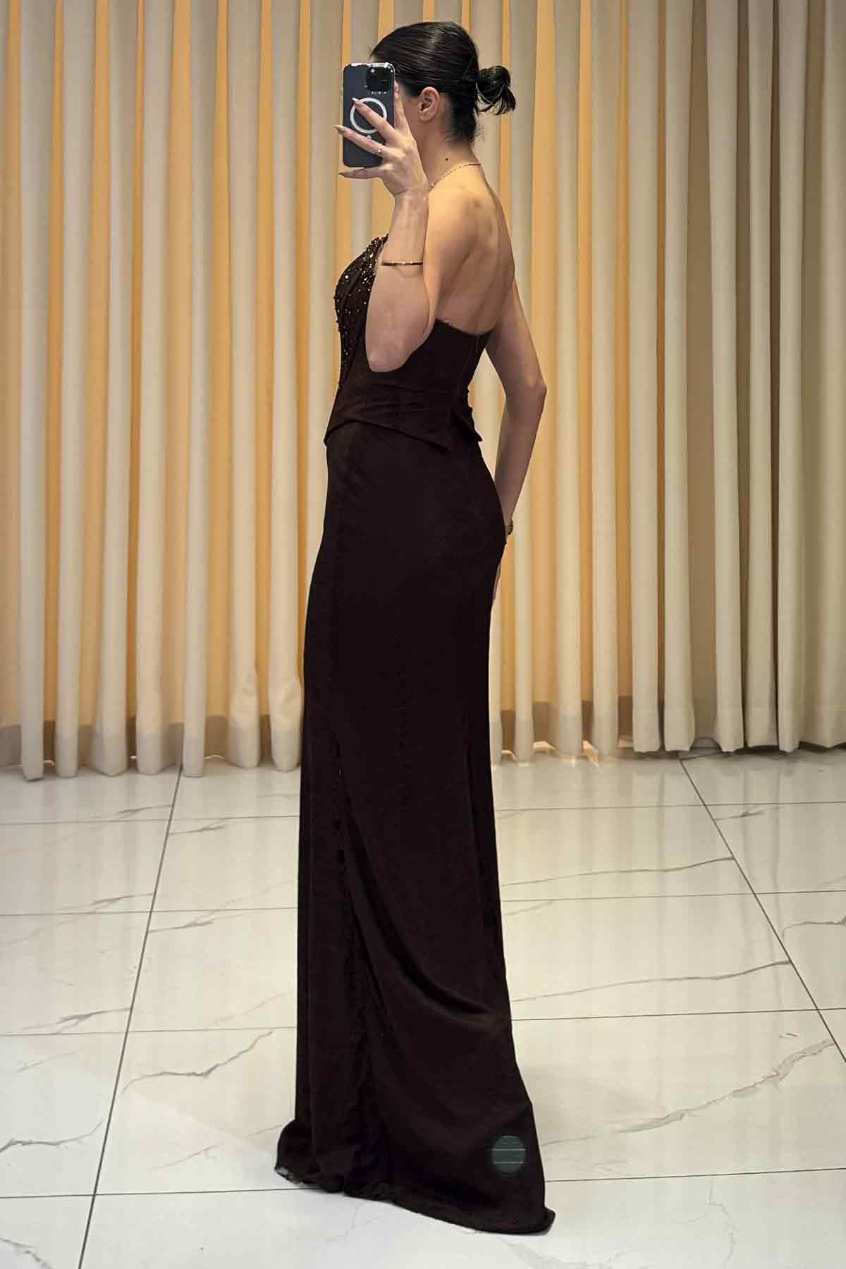 Boncuk İşlemeli Bolerolu Balık Model Abiye Kahve