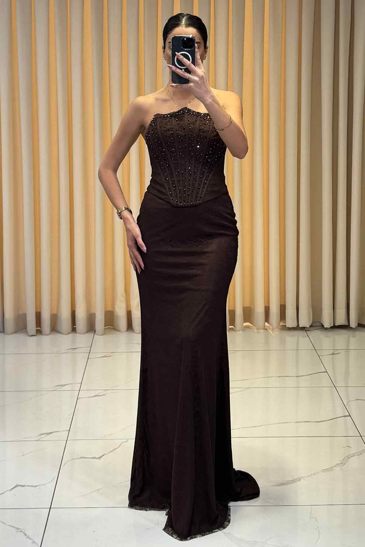 Boncuk İşlemeli Bolerolu Balık Model Abiye Kahve