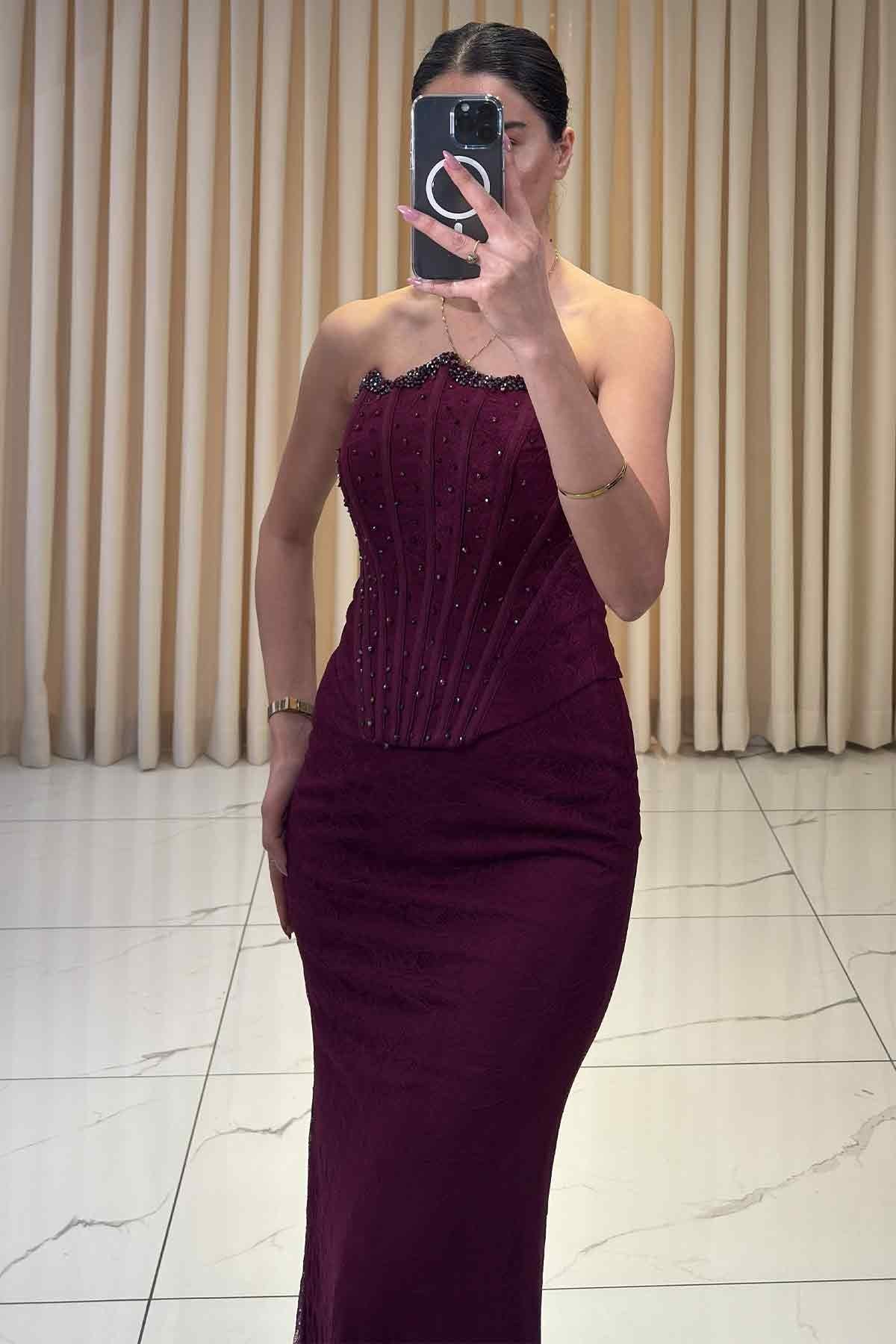 Boncuk İşlemeli Bolerolu Balık Model Abiye Mürdüm
