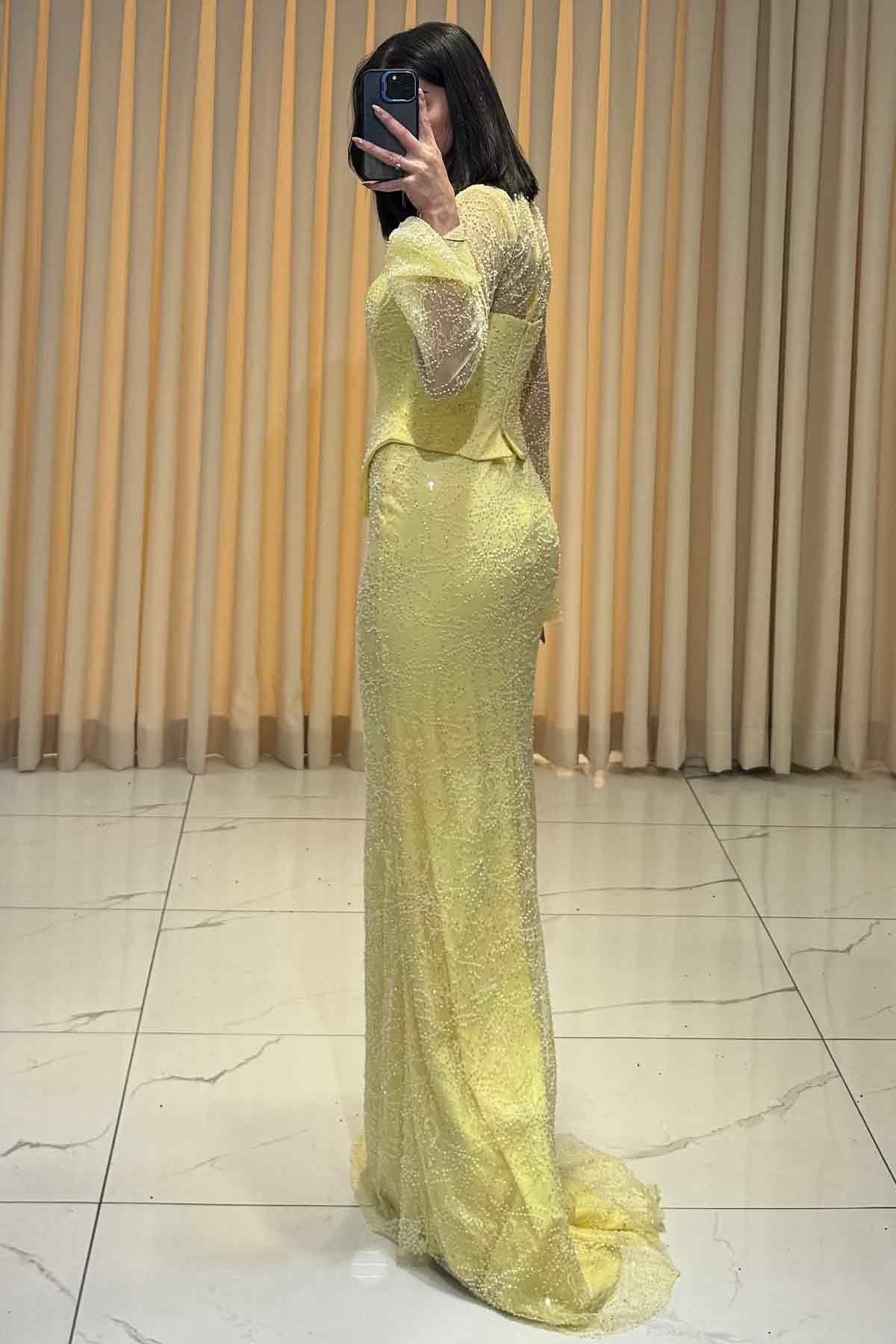 Boncuk İşlemeli Bolerolu Balık Model Abiye Sarı