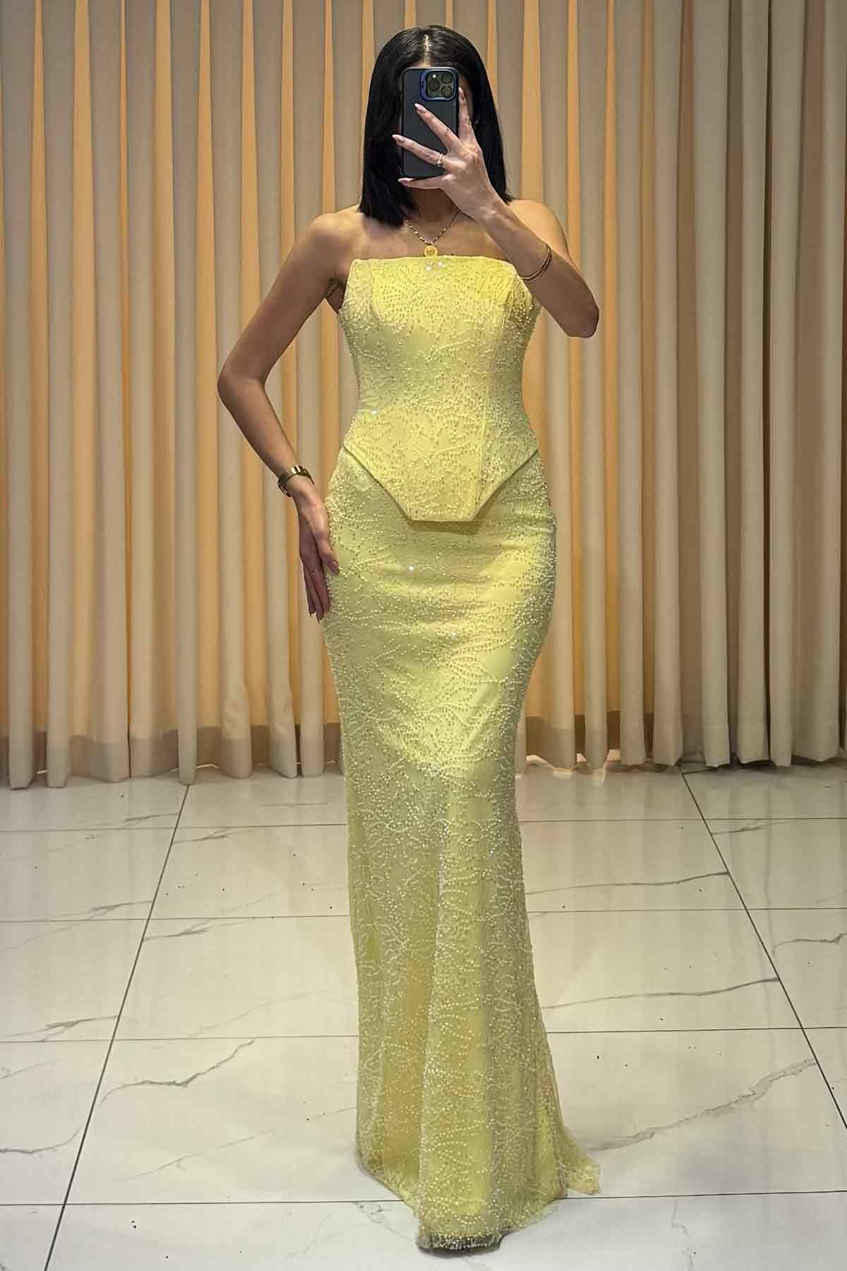 Boncuk İşlemeli Bolerolu Balık Model Abiye Sarı
