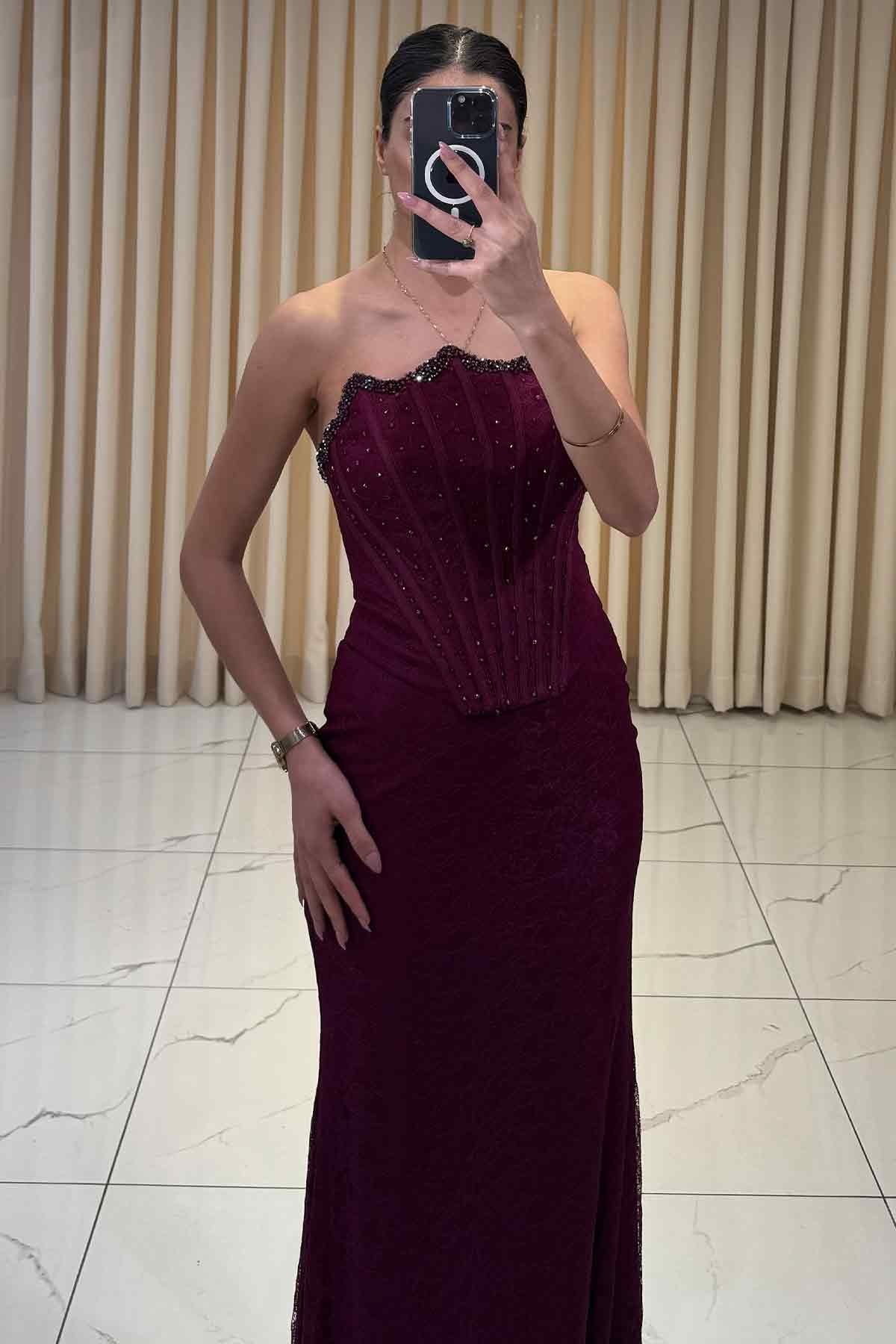 Boncuk İşlemeli Bolerolu Balık Model Abiye Mürdüm