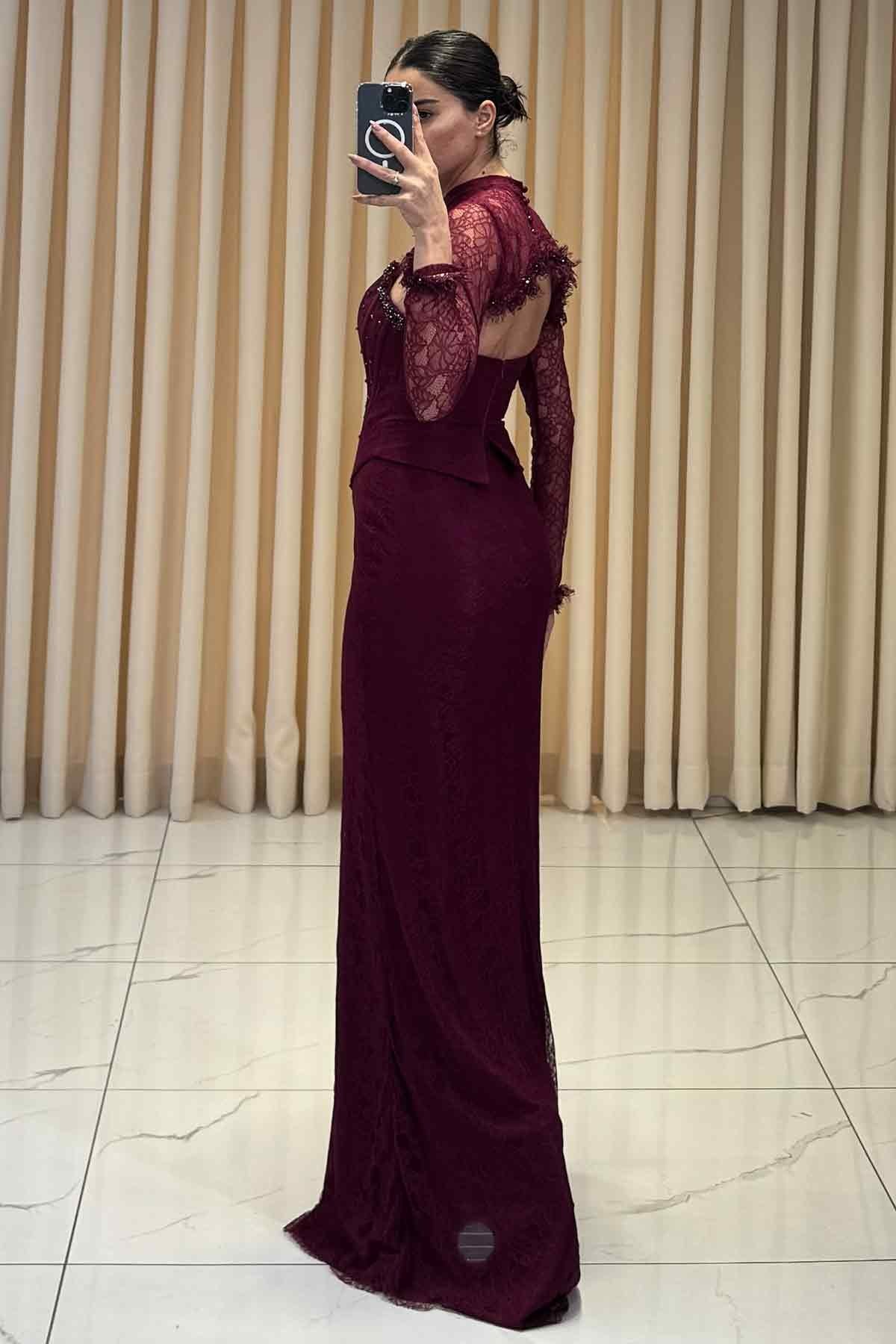 Boncuk İşlemeli Bolerolu Balık Model Abiye Mürdüm
