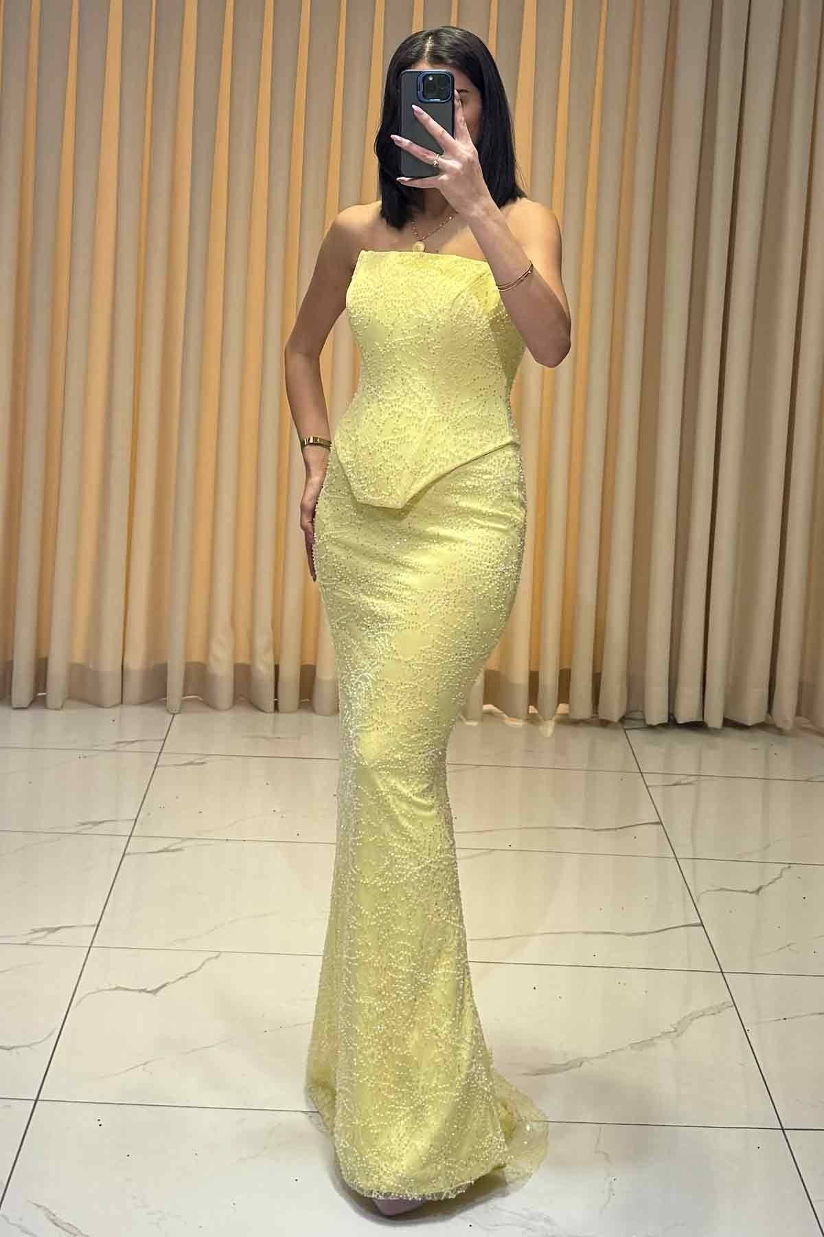 Boncuk İşlemeli Bolerolu Balık Model Abiye Sarı