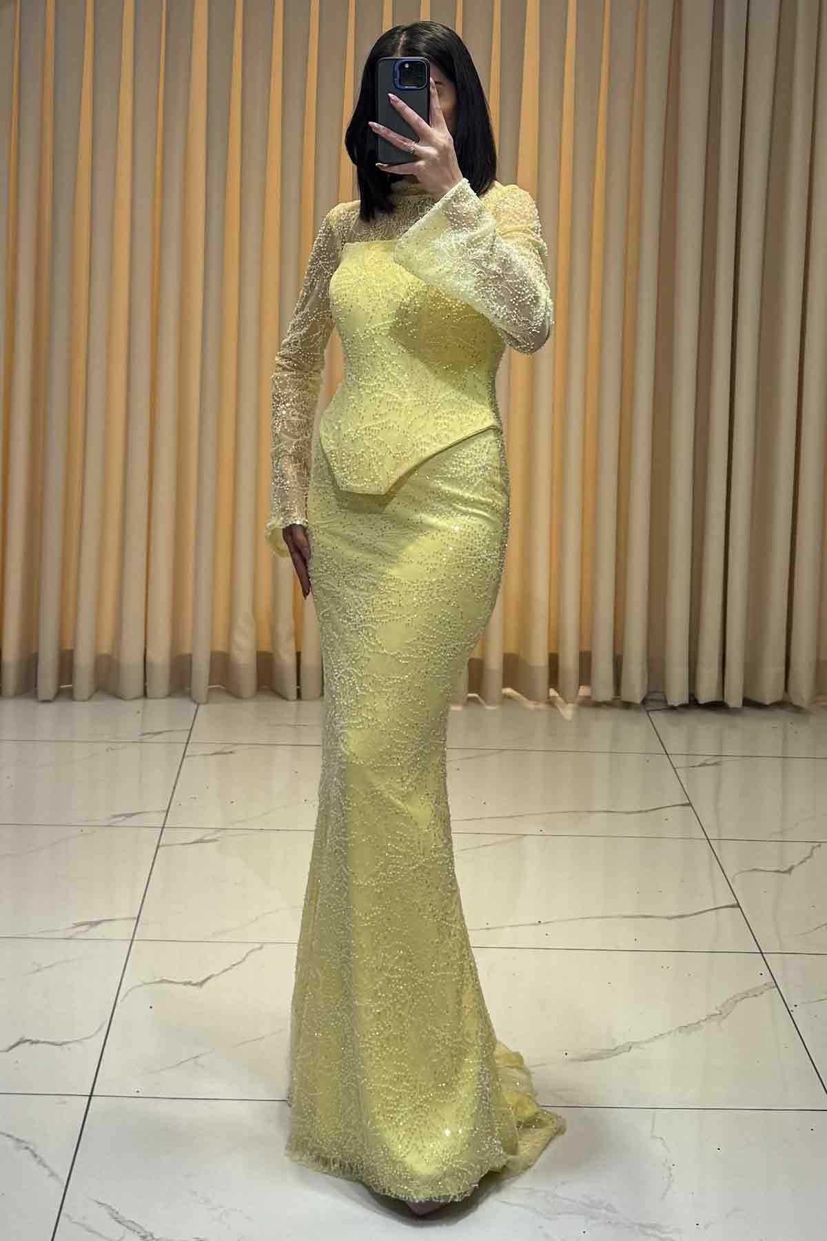 Boncuk İşlemeli Bolerolu Balık Model Abiye Sarı