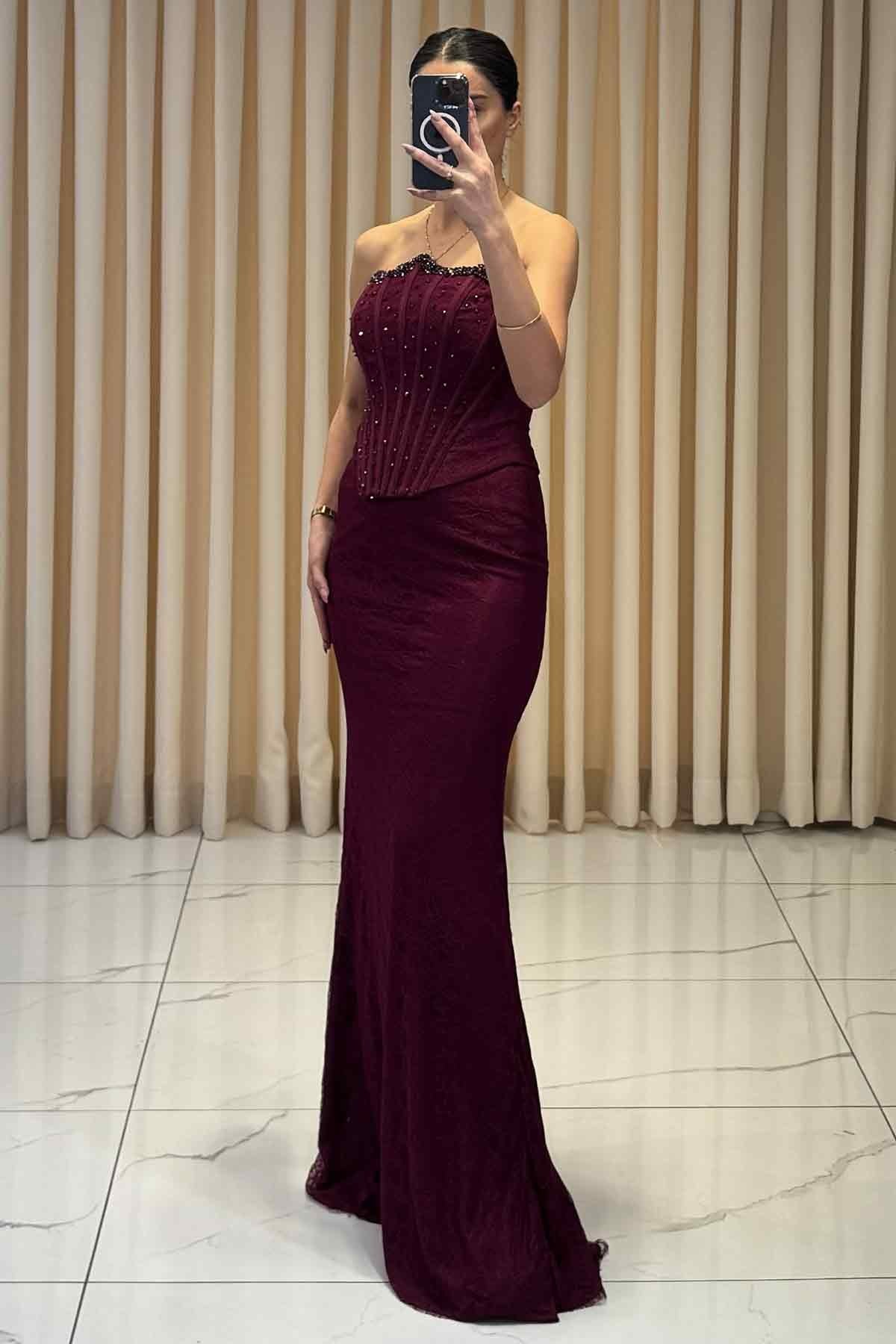 Boncuk İşlemeli Bolerolu Balık Model Abiye Mürdüm