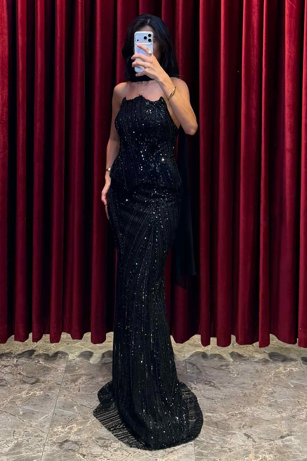 Boncuk İşlemeli Şal Detaylı Korsajlı Balık Model Abiye Siyah