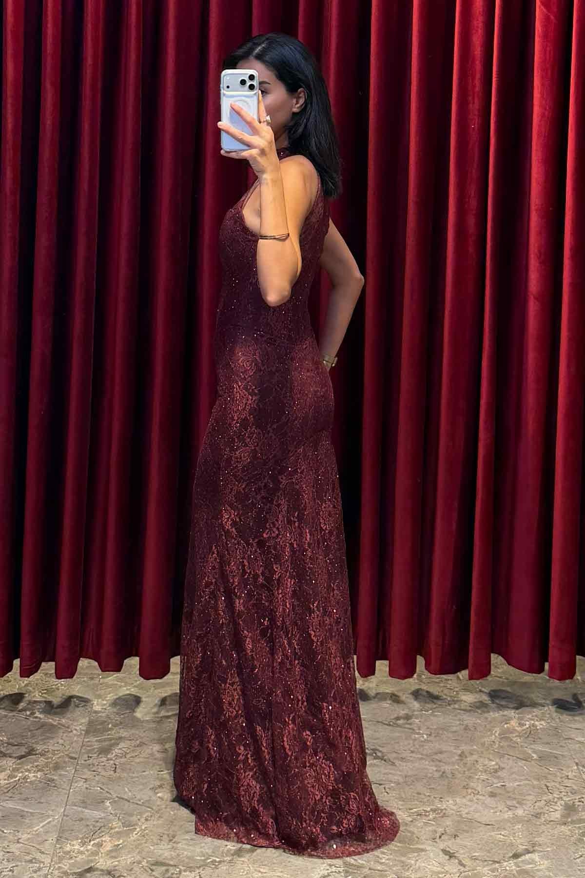Boncuk Ve Payet İşlemeli Halter Yaka Abiye Bordo