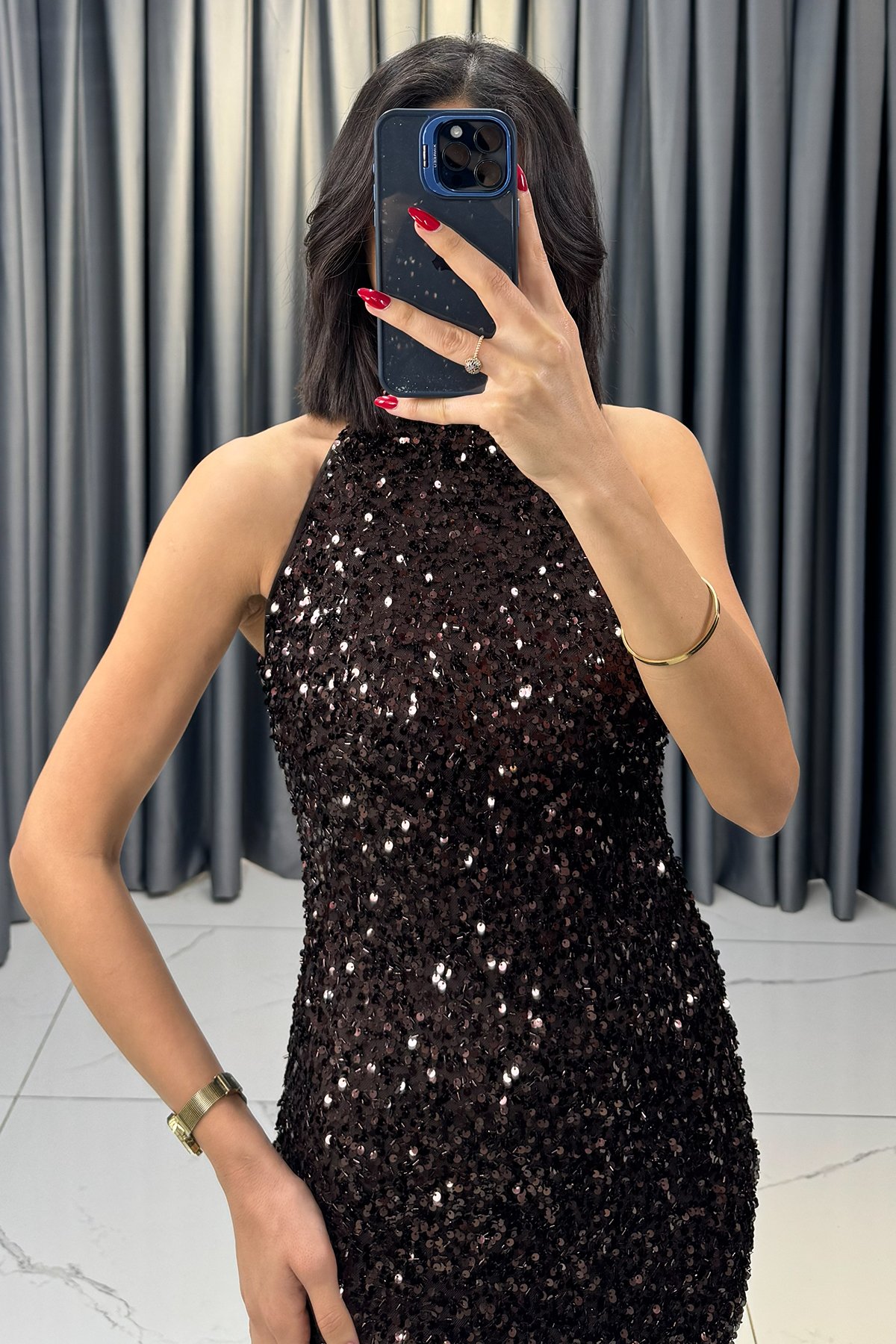 Halter Yaka Payetli Yırtmaçlı Abiye Kahve