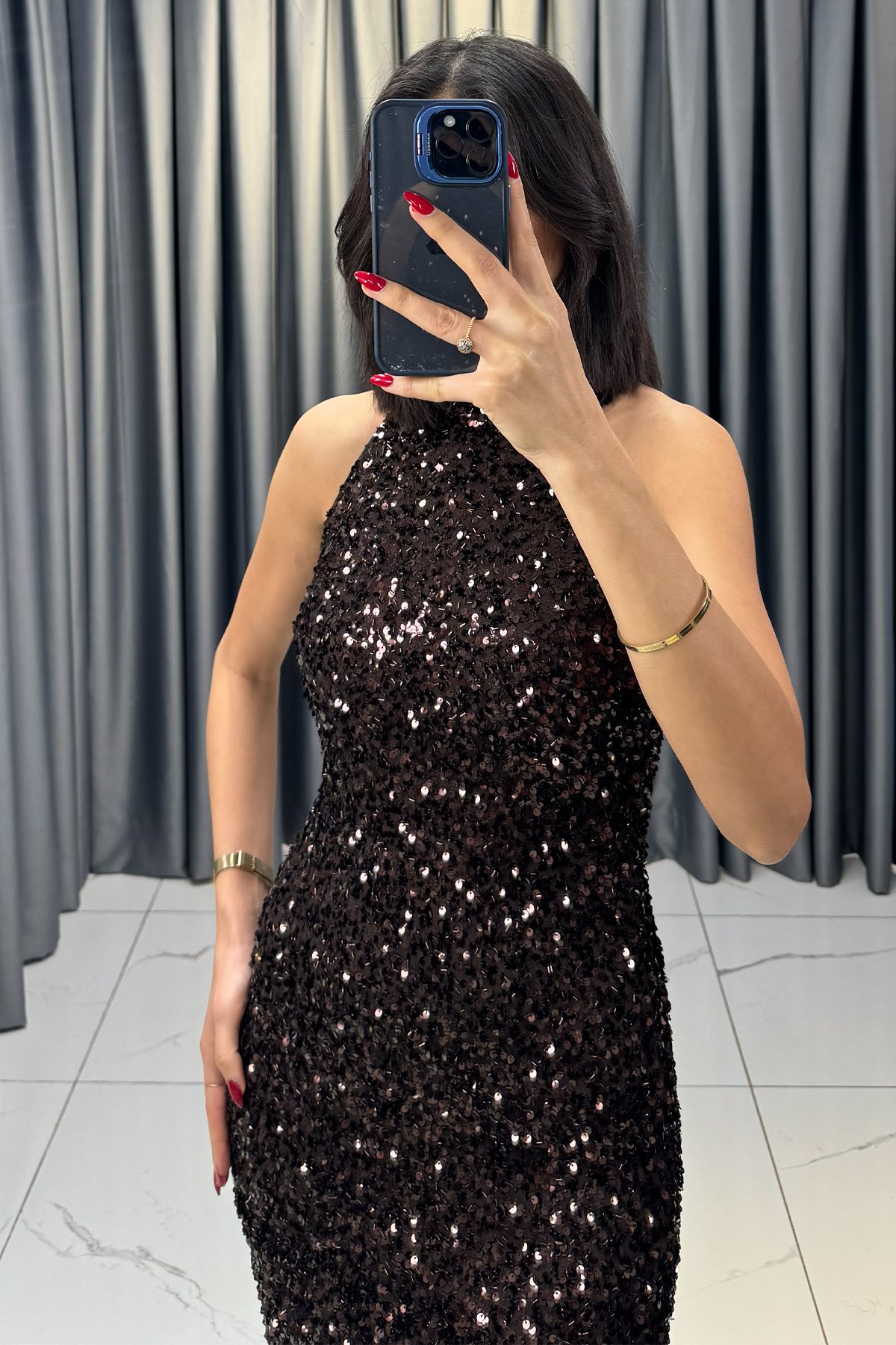 Halter Yaka Payetli Yırtmaçlı Abiye Kahve
