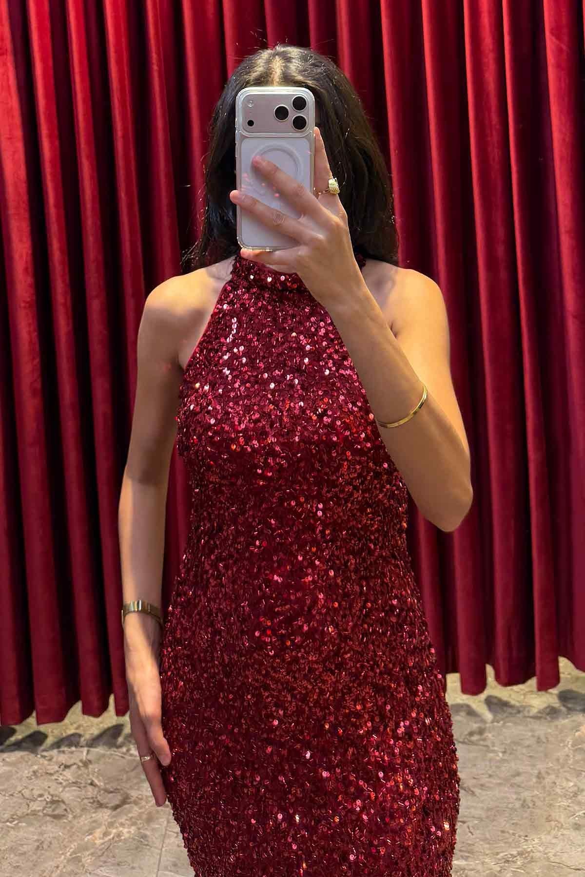 Halter Yaka Payetli Yırtmaçlı Abiye Kırmızı