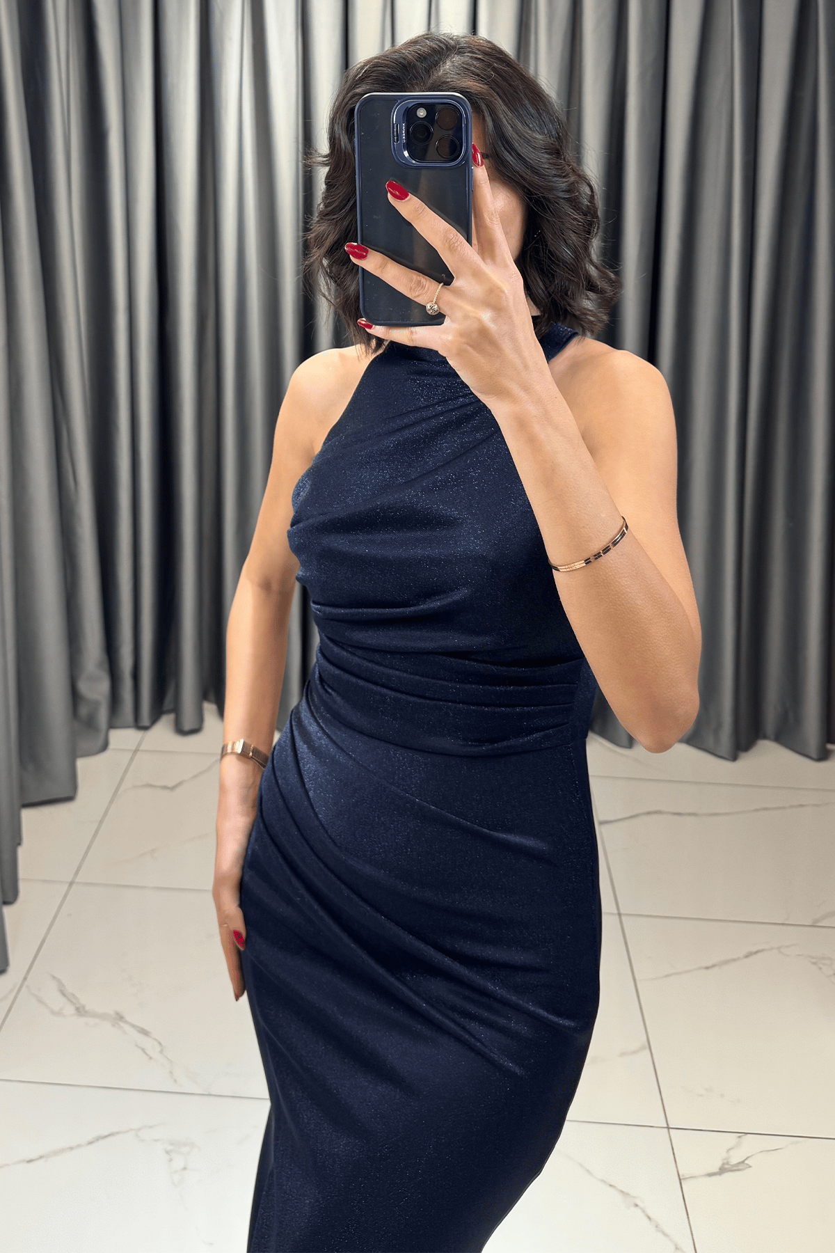 Halter Yaka Yırtmaçlı Sim Detaylı Balık Model Abiye Lacivert