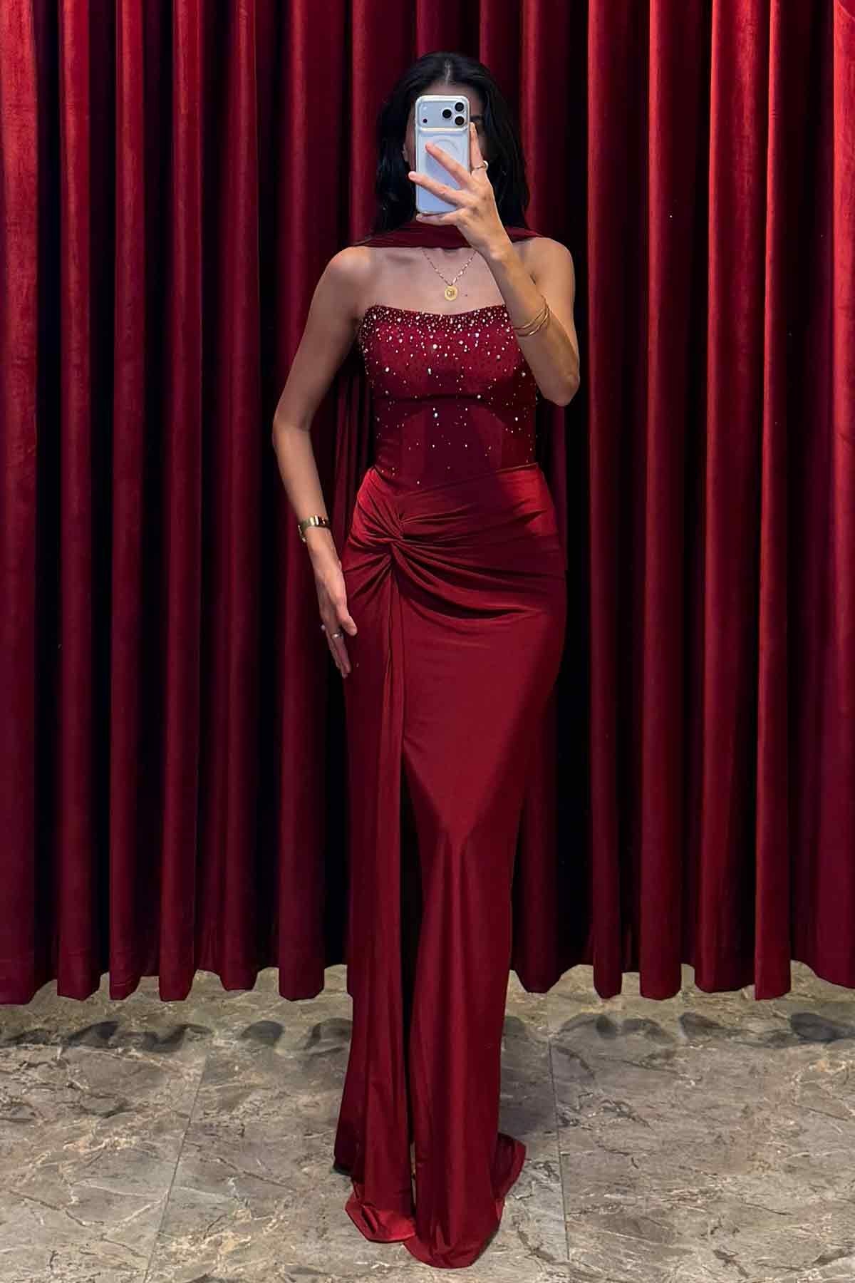 Kristal  Taş İşlemeli Belden Büzgülü Şal Detaylı Abiye Bordo
