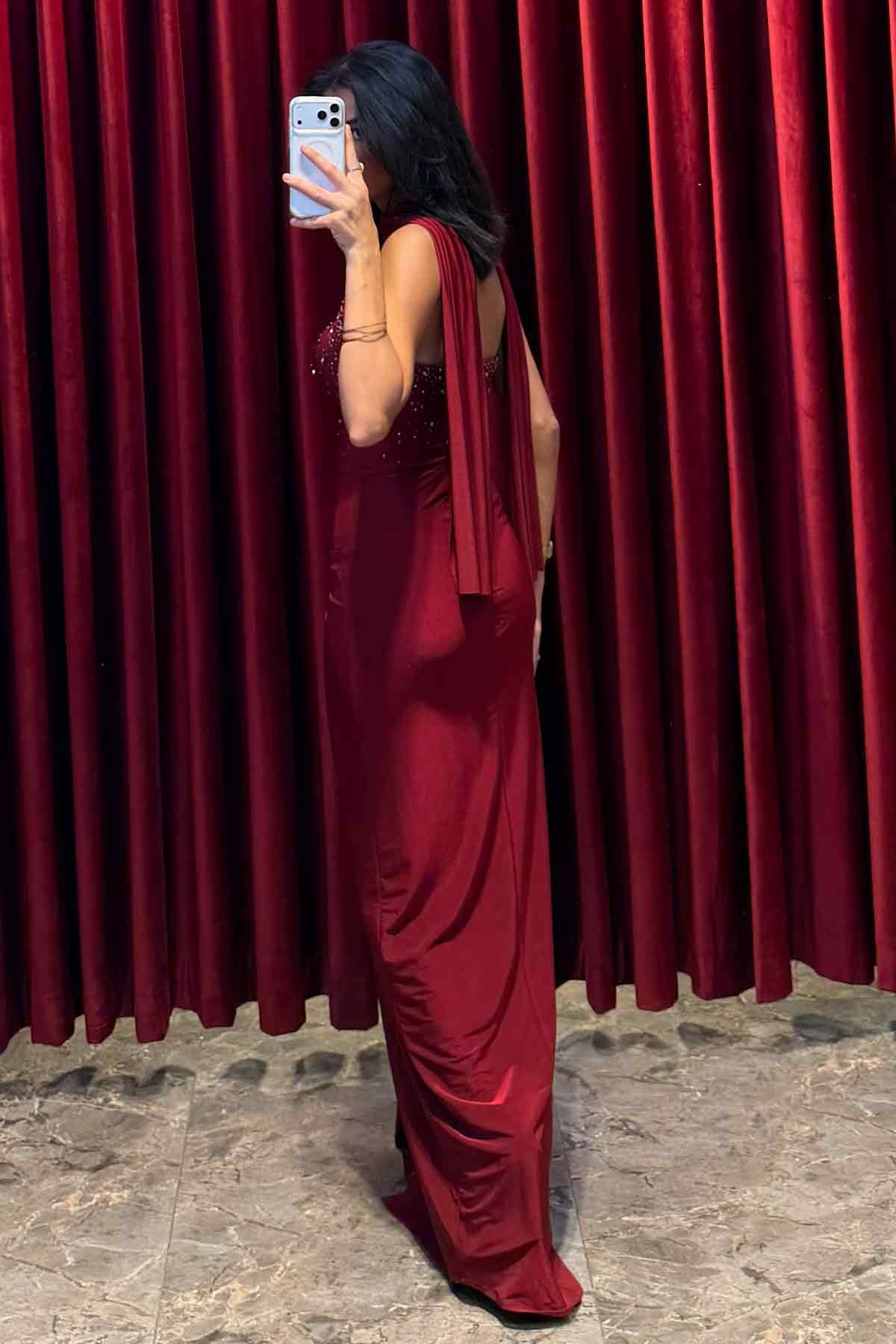 Kristal  Taş İşlemeli Belden Büzgülü Şal Detaylı Abiye Bordo