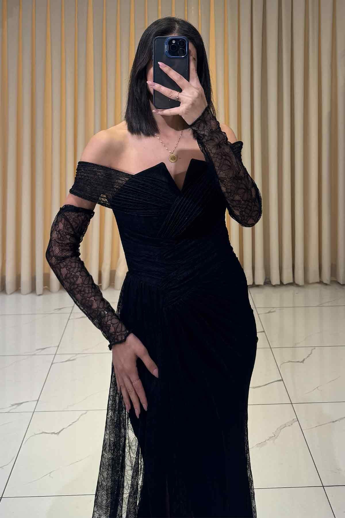Misineli Yırtmaçlı Balık Model Abiye Siyah
