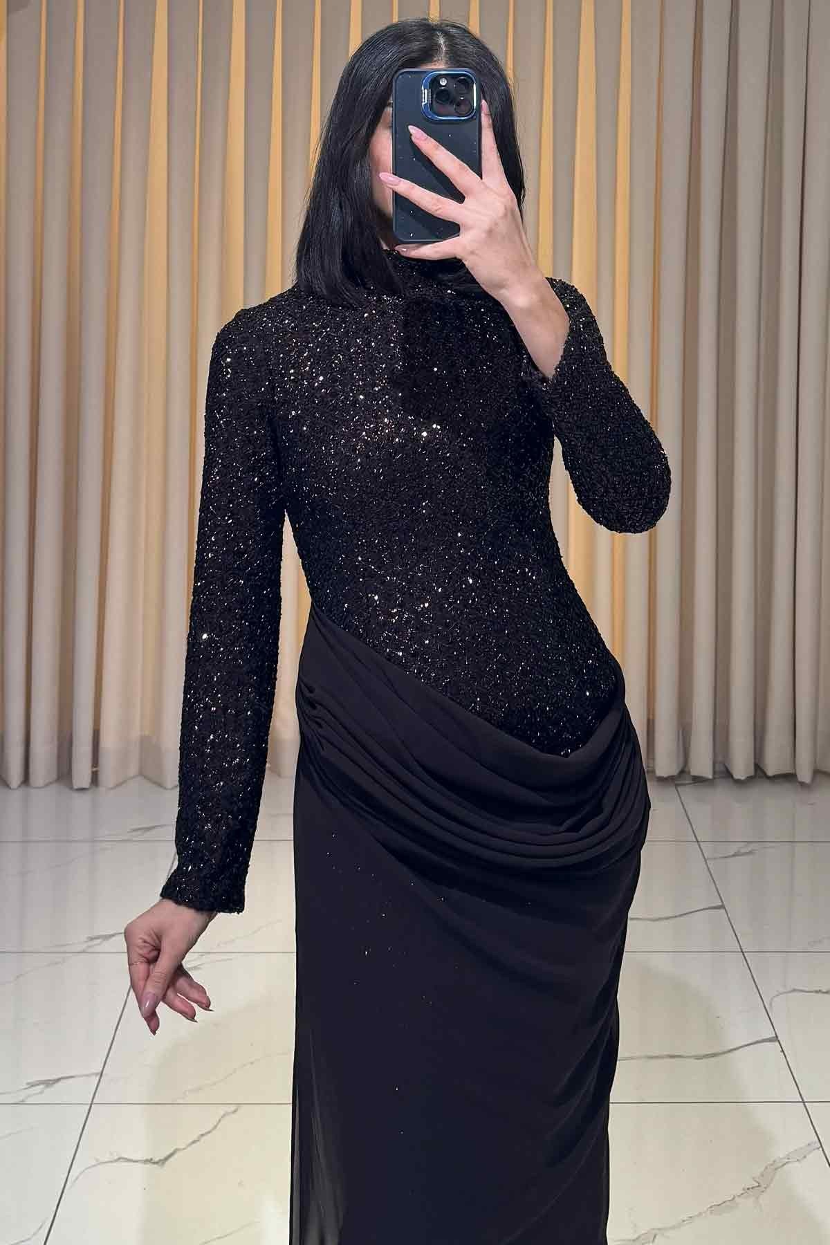 Payet İşlemeli Belden Oturtmalı Balık Model Abiye Kahve