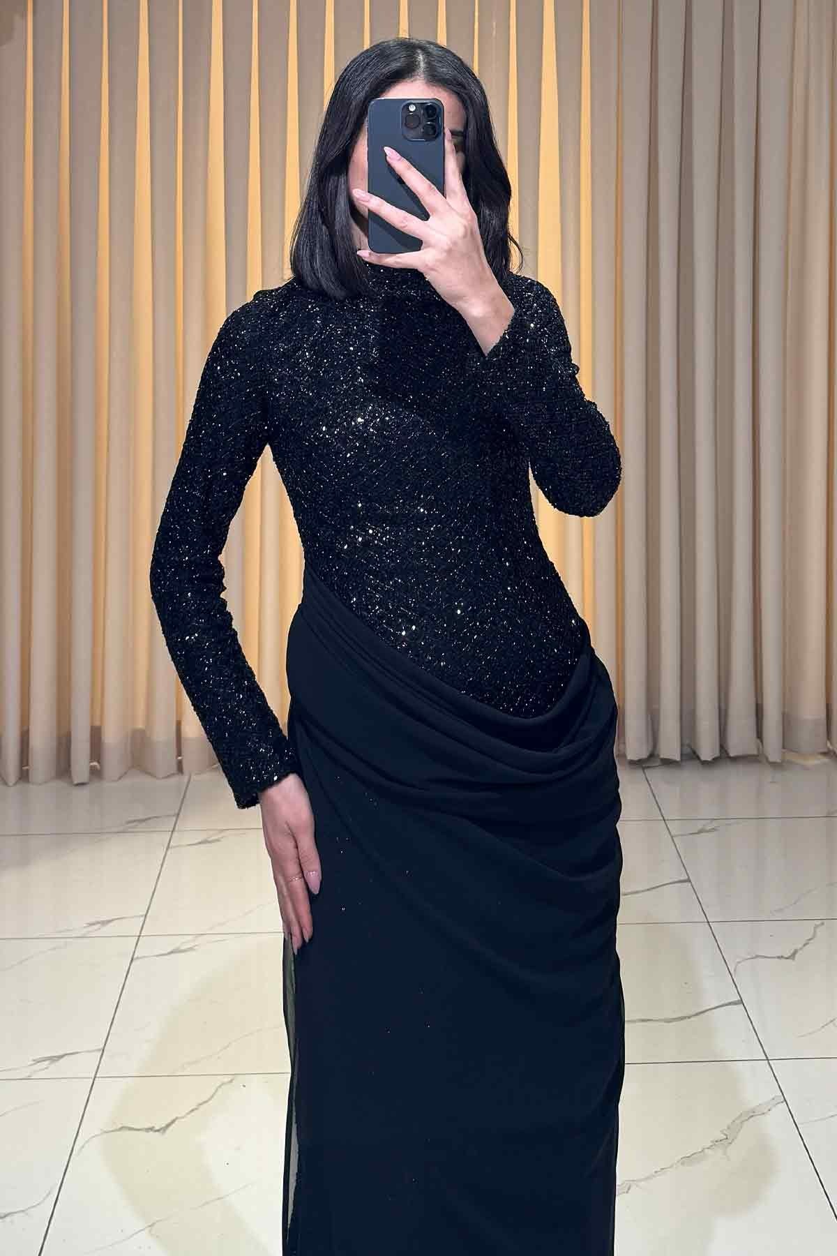 Payet İşlemeli Belden Oturtmalı Balık Model Abiye Siyah