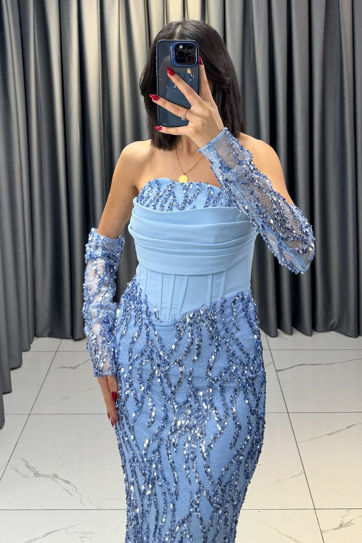 Payet İşlemeli Eldiven Detaylı Balık Model Abiye Bebe Mavi