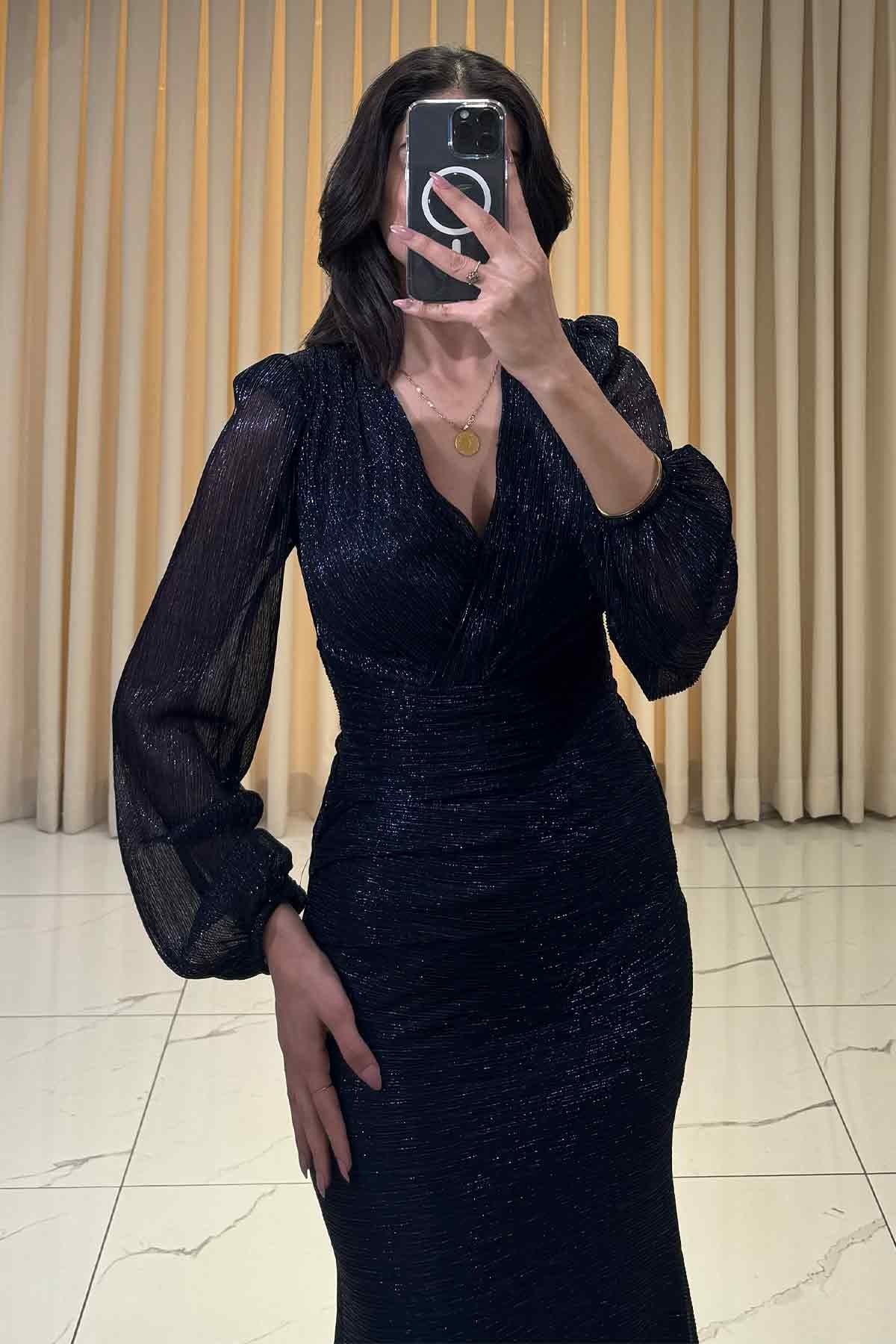 Simli V Yaka Uzun Kollu Balık Model Abiye Lacivert