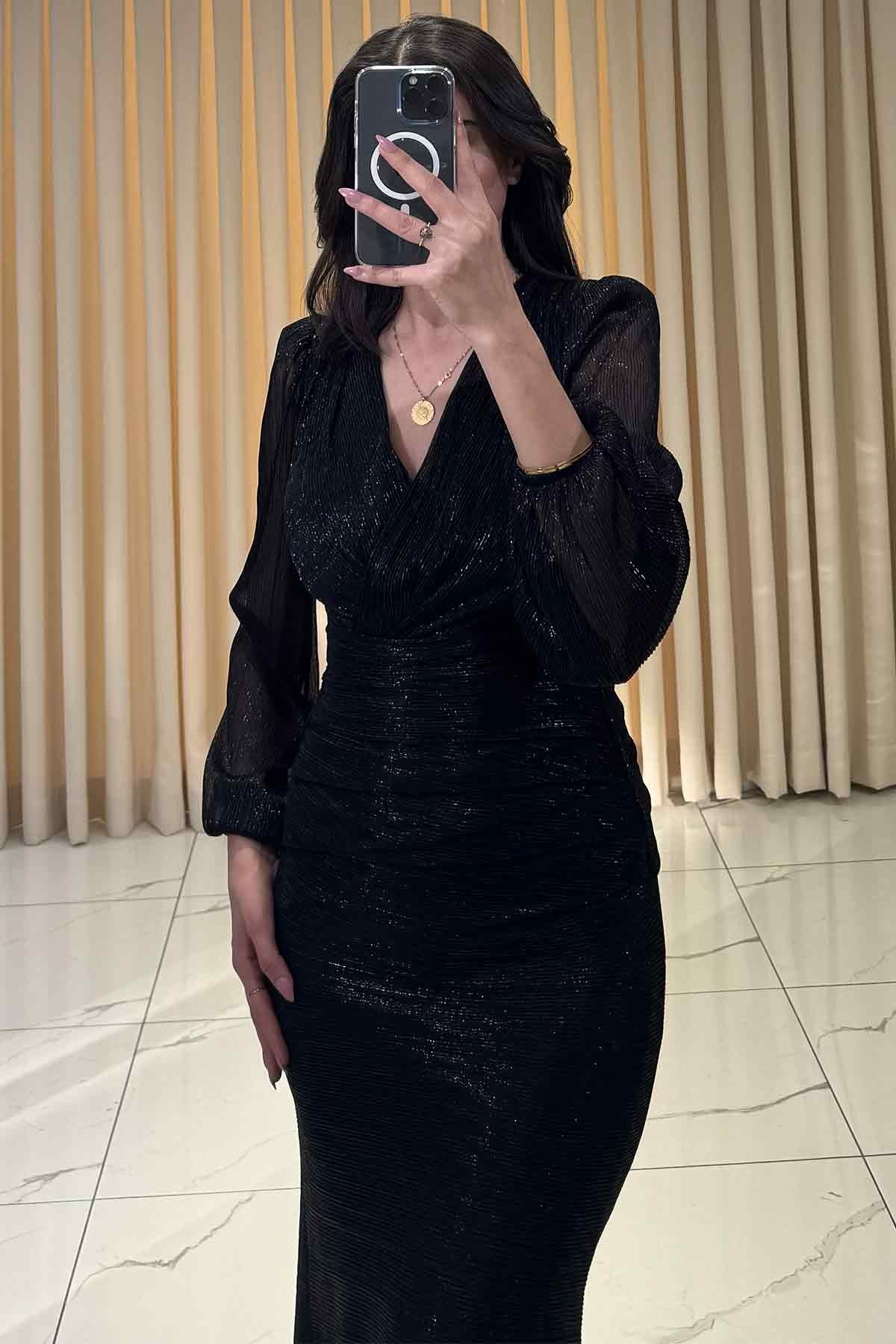 Simli V Yaka Uzun Kollu Balık Model Abiye Siyah