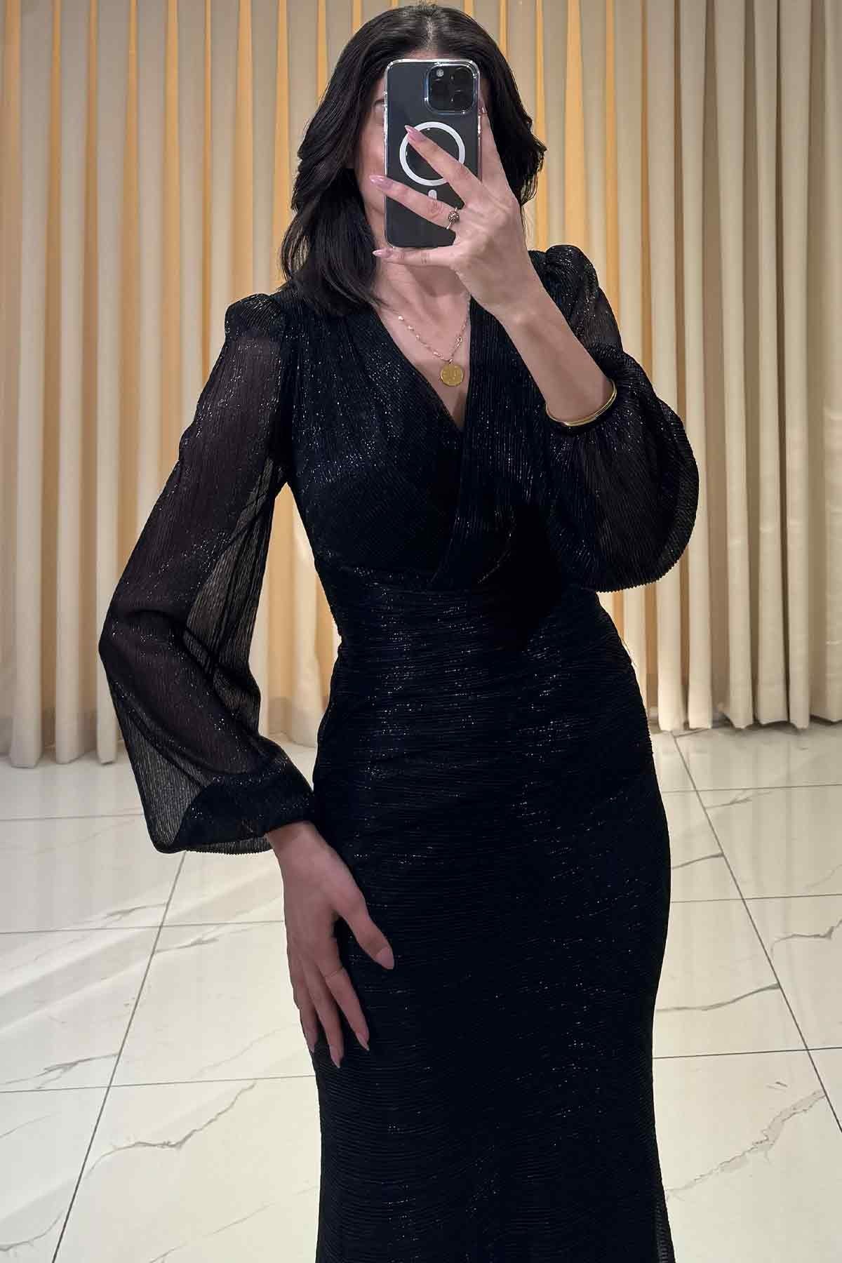 Simli V Yaka Uzun Kollu Balık Model Abiye Siyah