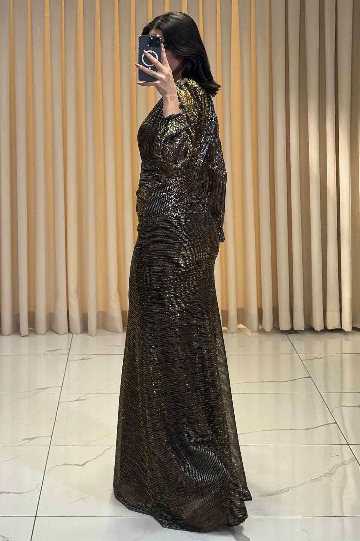 Simli V Yaka Uzun Kollu Balık Model Abiye Gold