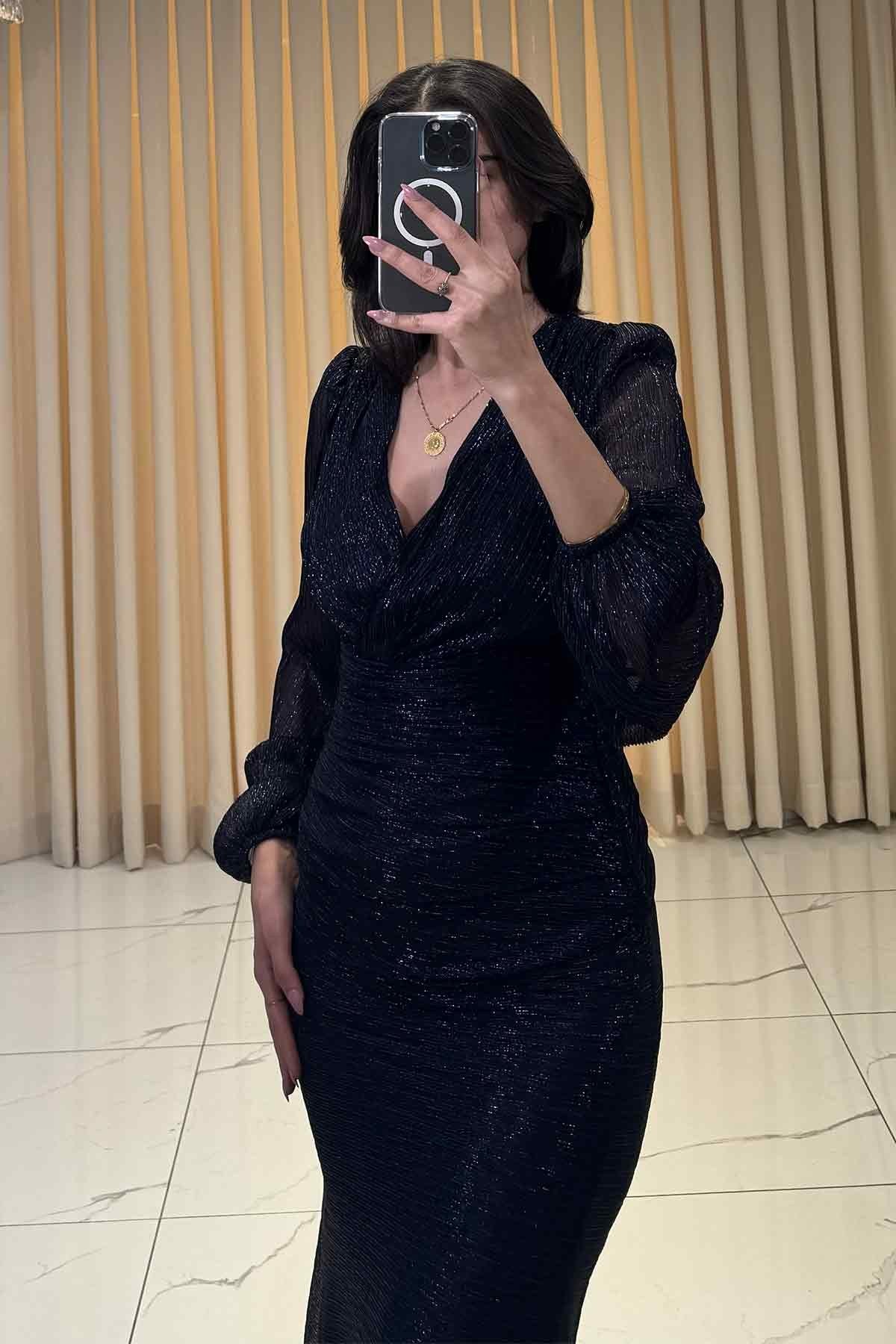 Simli V Yaka Uzun Kollu Balık Model Abiye Lacivert