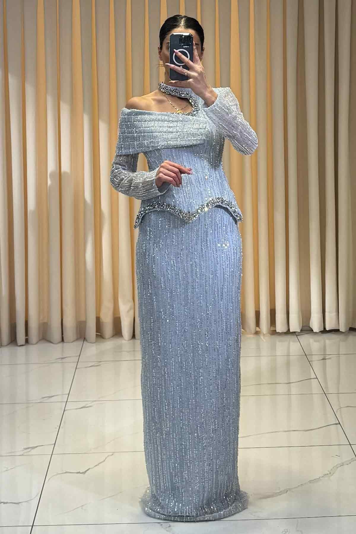 Taş Ve Boncuk İşlemeli Uzun Kollu Abiye Bebe Mavi