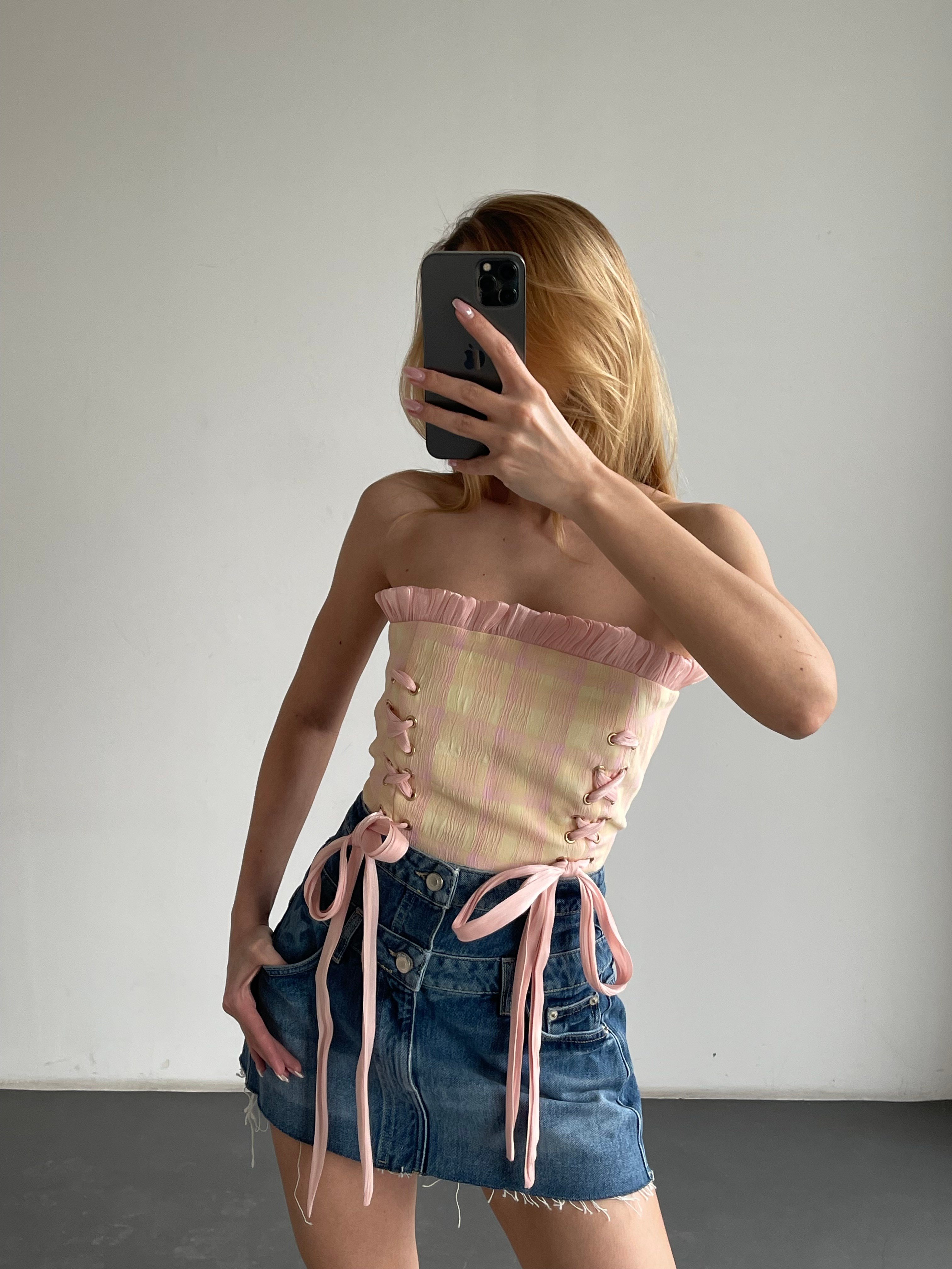  Bağcık Detaylı Straplez Ekose Büstiyer