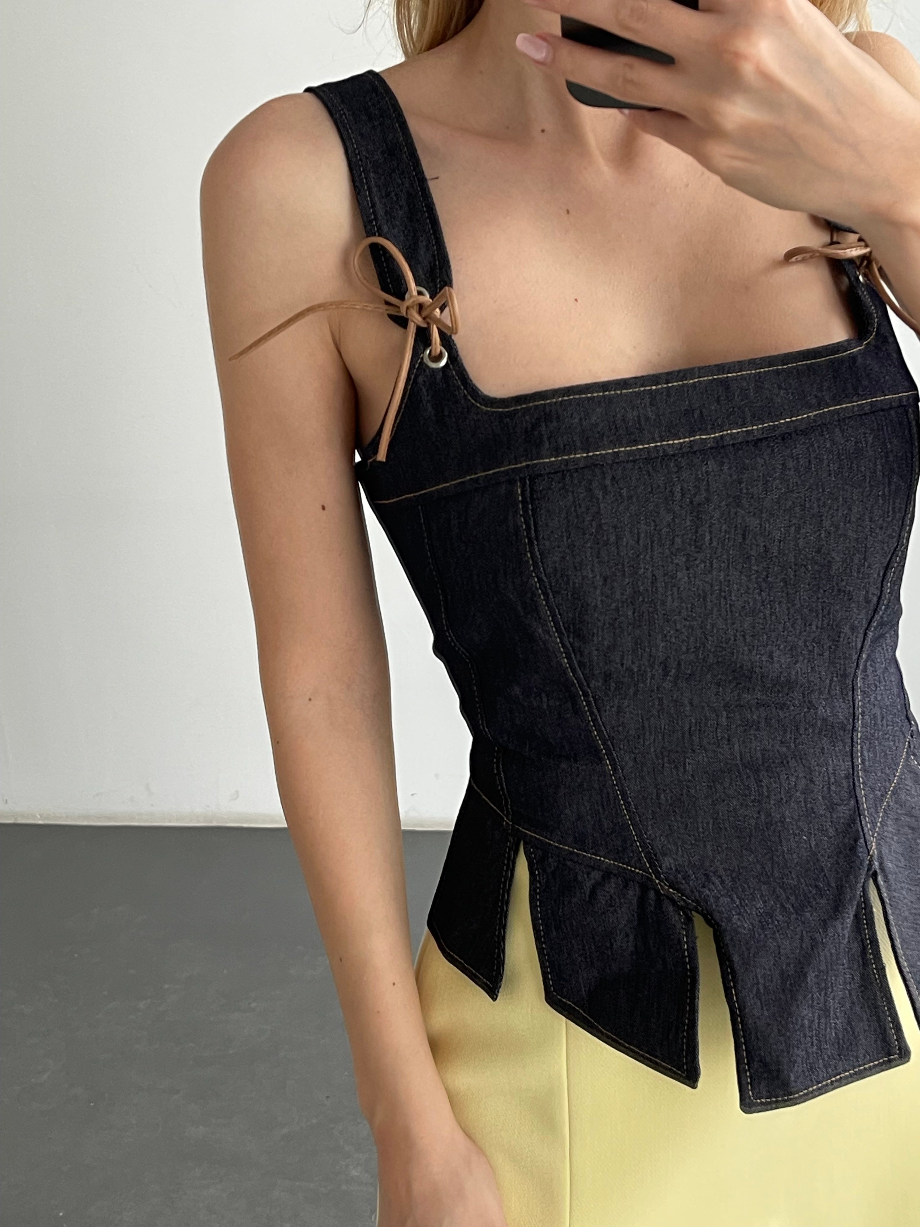 Bağcık Detaylı Kare Yaka Denim Büstiyer
