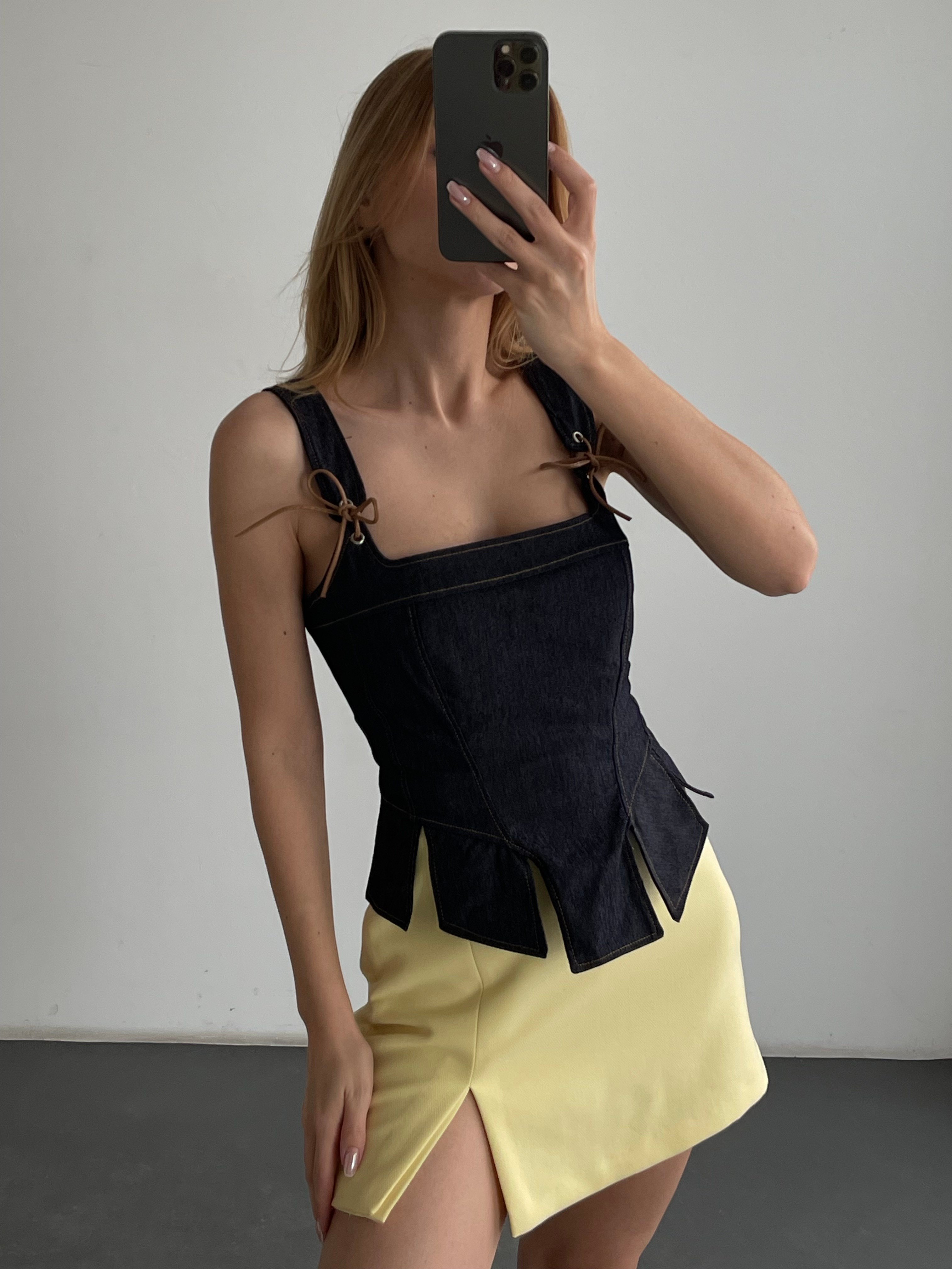 Bağcık Detaylı Kare Yaka Denim Büstiyer
