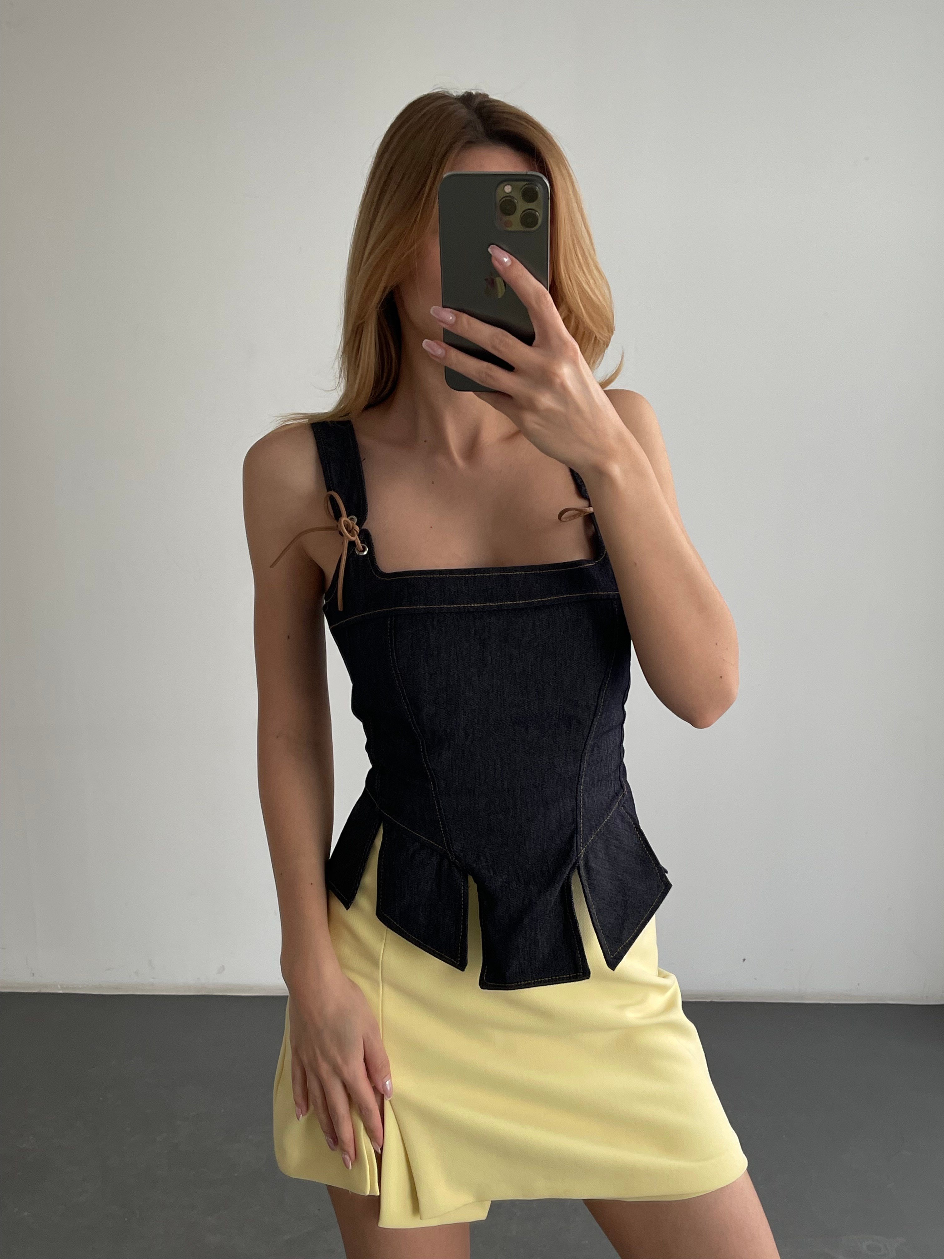 Bağcık Detaylı Kare Yaka Denim Büstiyer