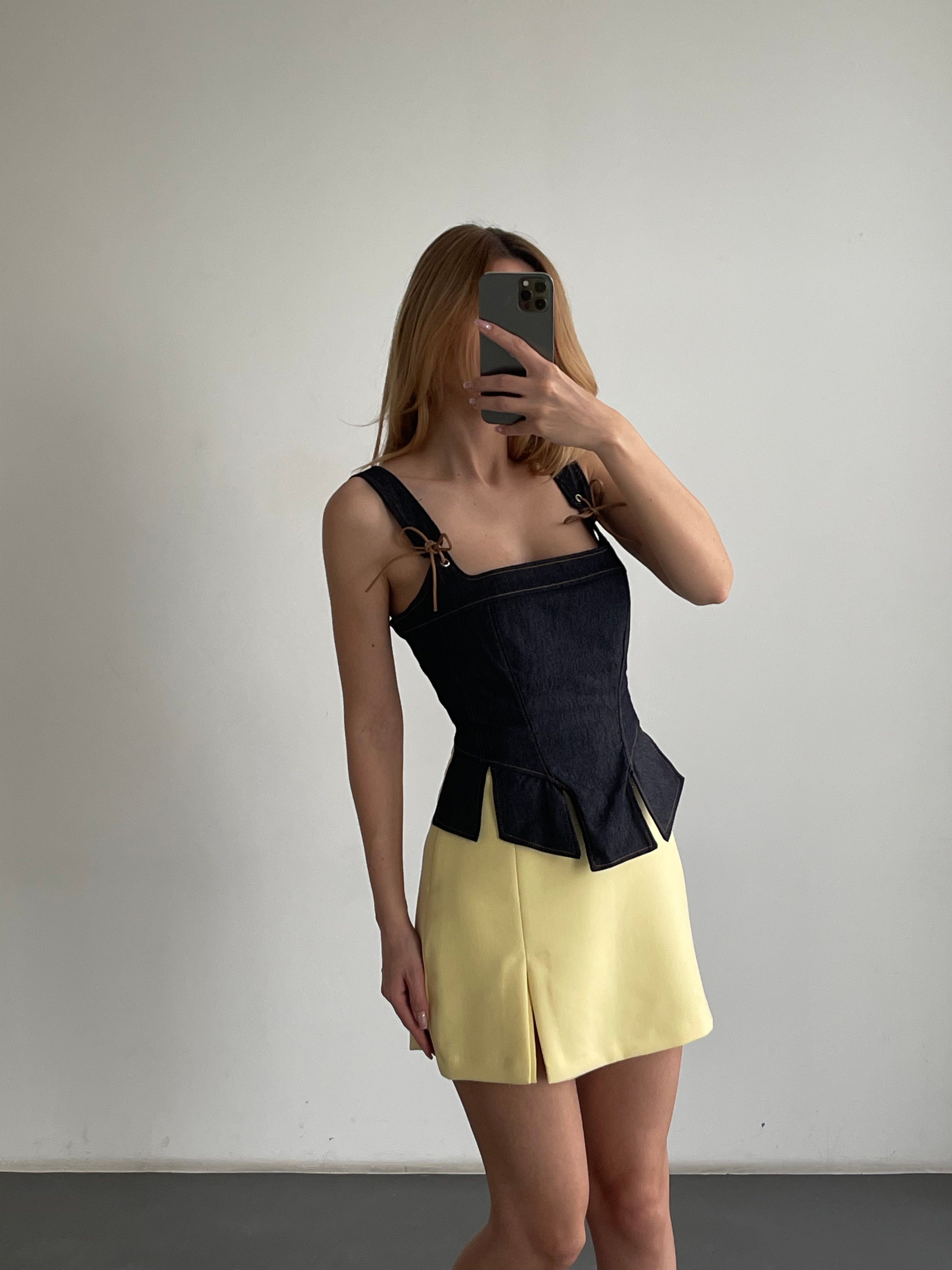 Bağcık Detaylı Kare Yaka Denim Büstiyer