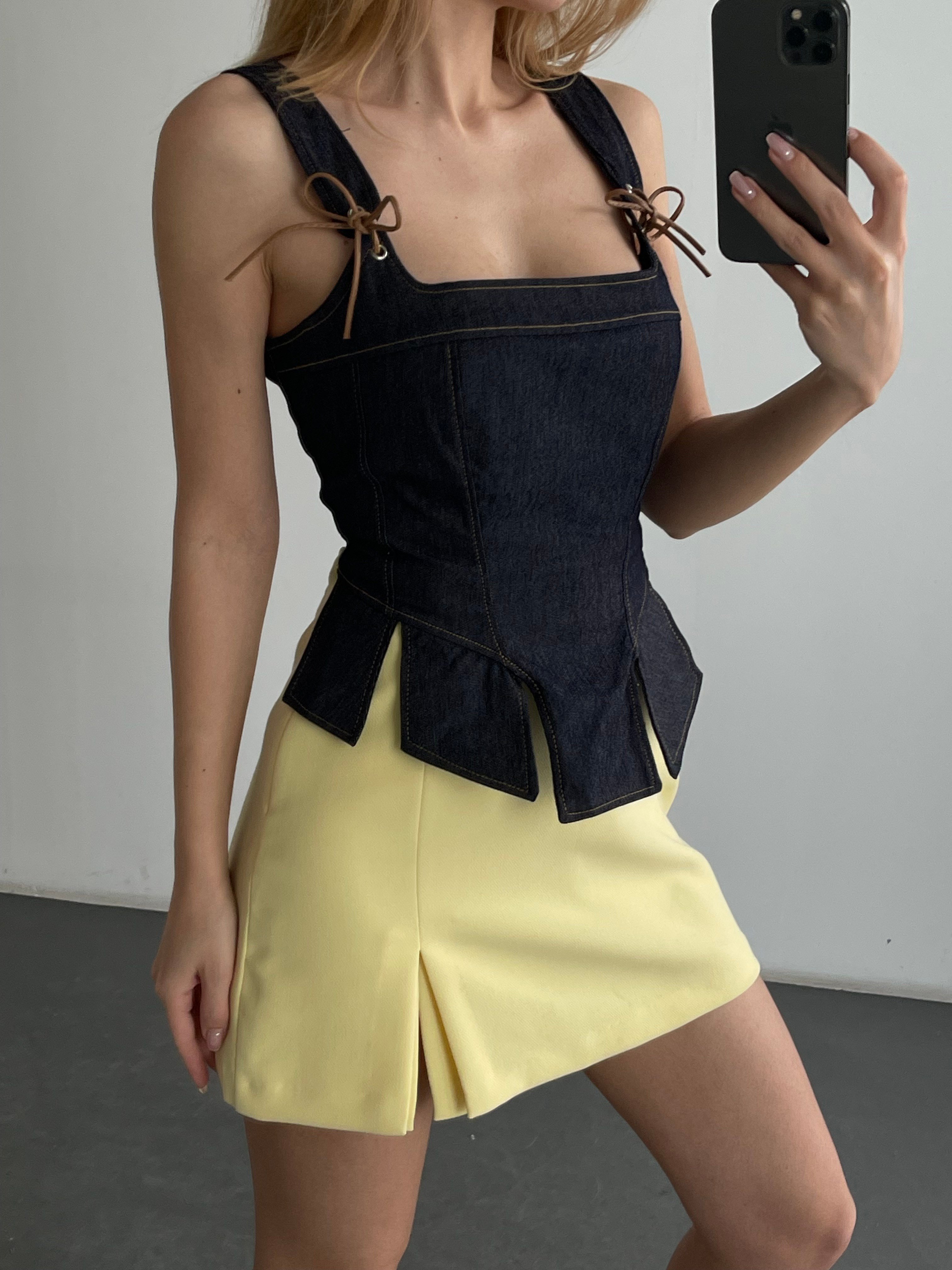 Bağcık Detaylı Kare Yaka Denim Büstiyer