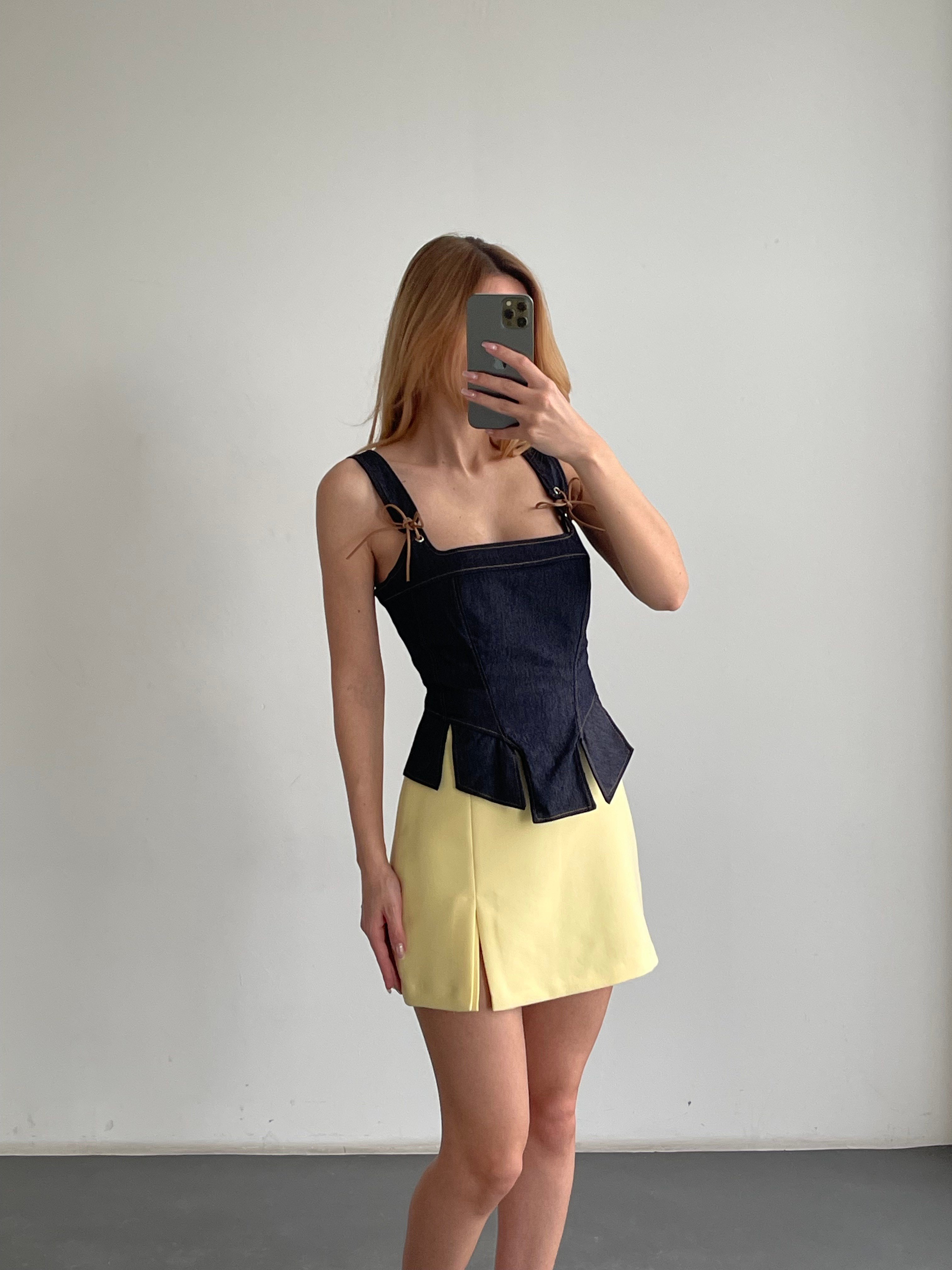 Bağcık Detaylı Kare Yaka Denim Büstiyer
