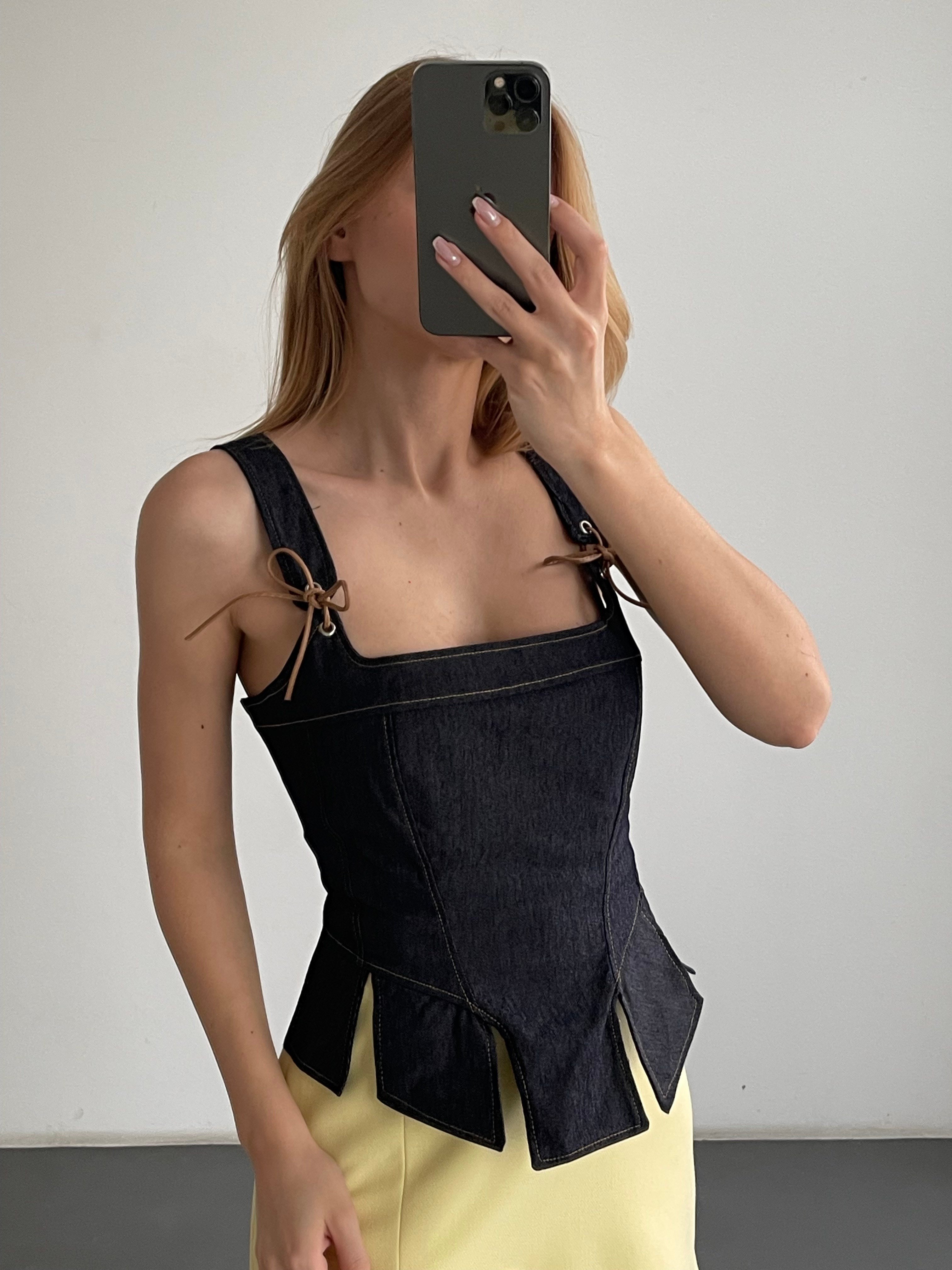 Bağcık Detaylı Kare Yaka Denim Büstiyer