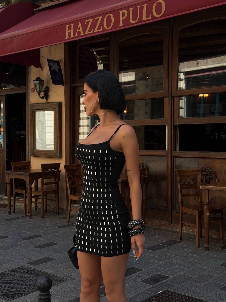 Baget Taşlı Askılı Mini Elbise