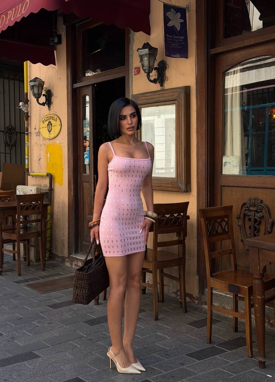 Baget Taşlı Askılı Mini Elbise