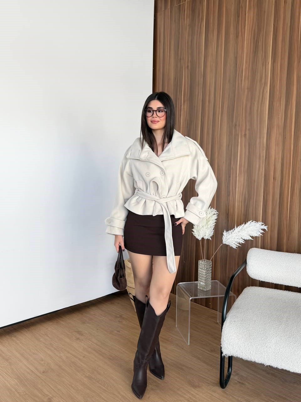 Bağlamalı Dik Yaka Kaşe Kaban