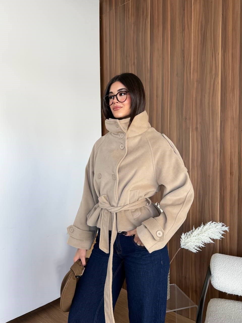 Bağlamalı Dik Yaka Kaşe Kaban