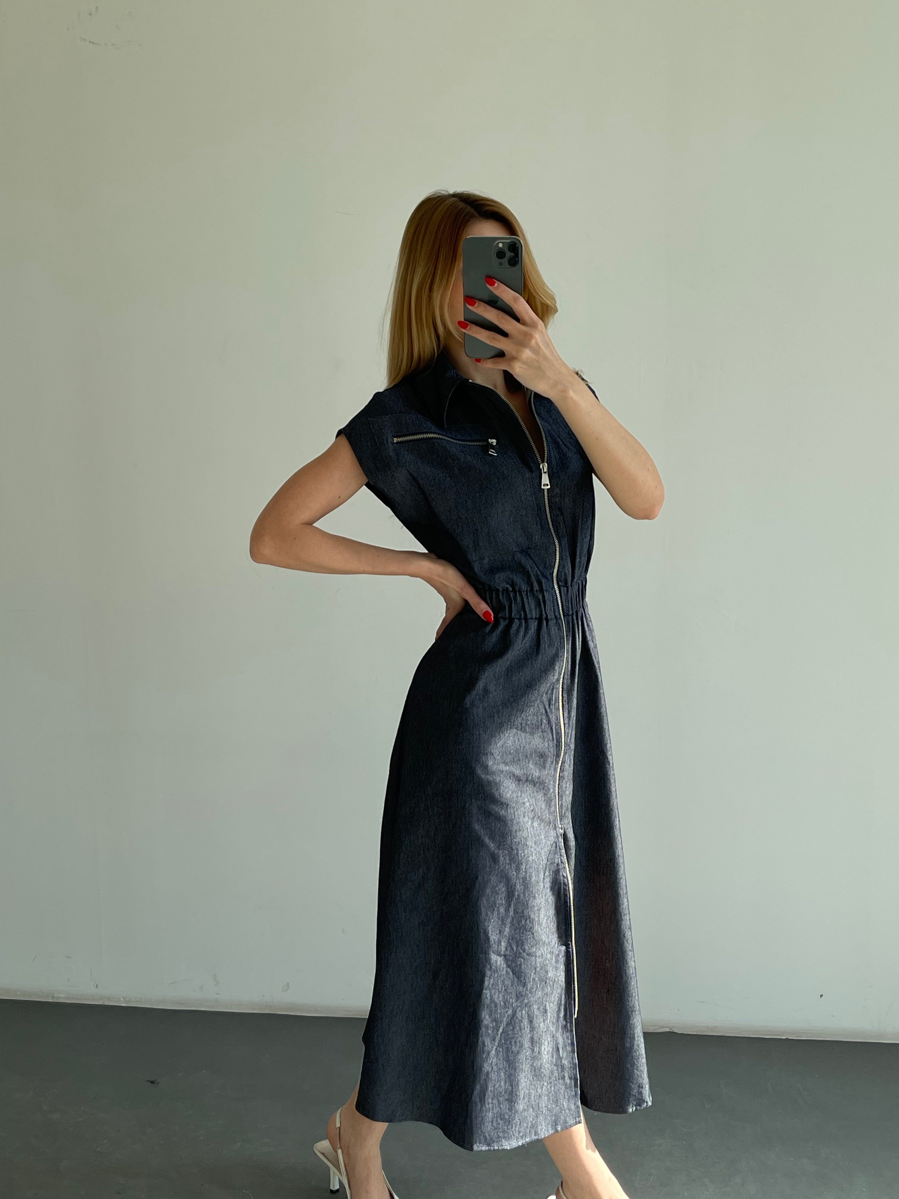 Denim Fermuarlı Gömlek Yaka Belden Büzgülü Elbise