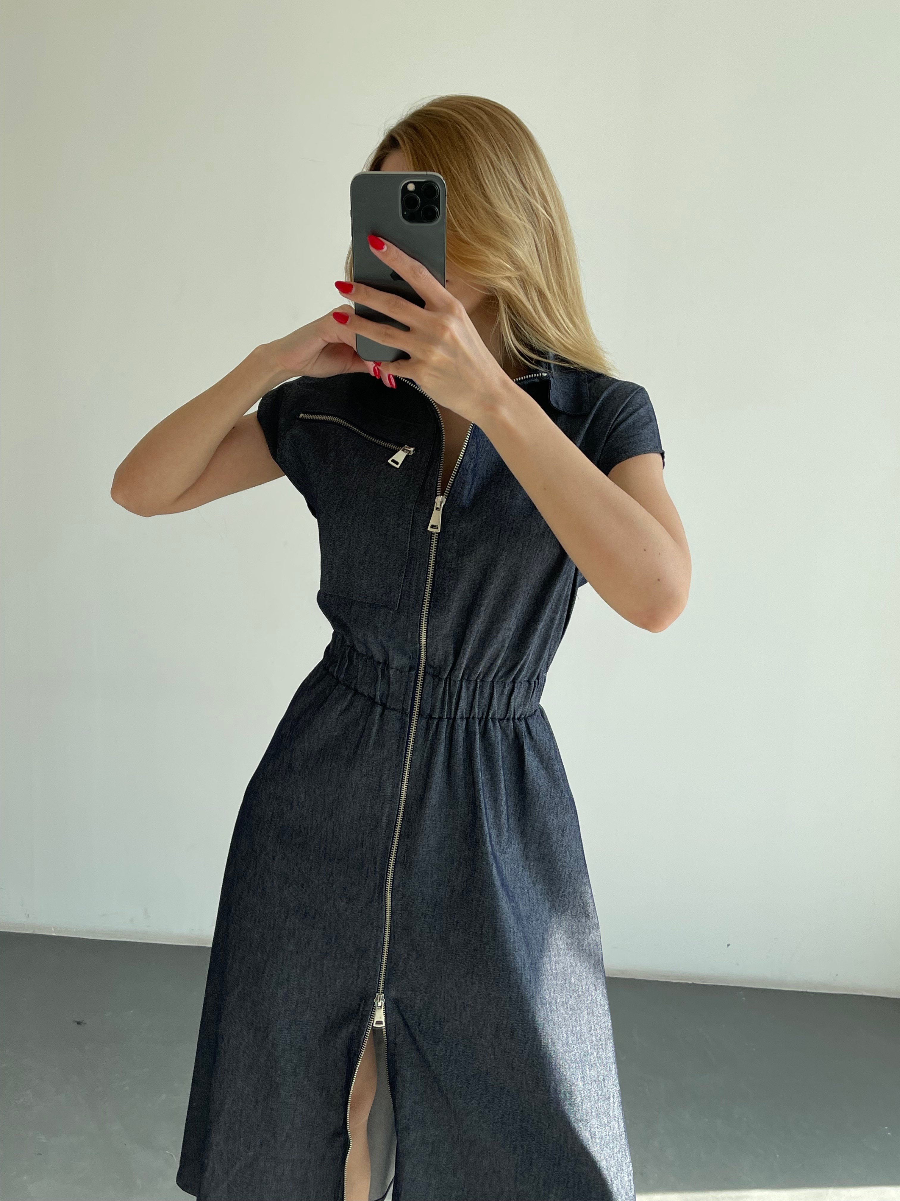 Denim Fermuarlı Gömlek Yaka Belden Büzgülü Elbise