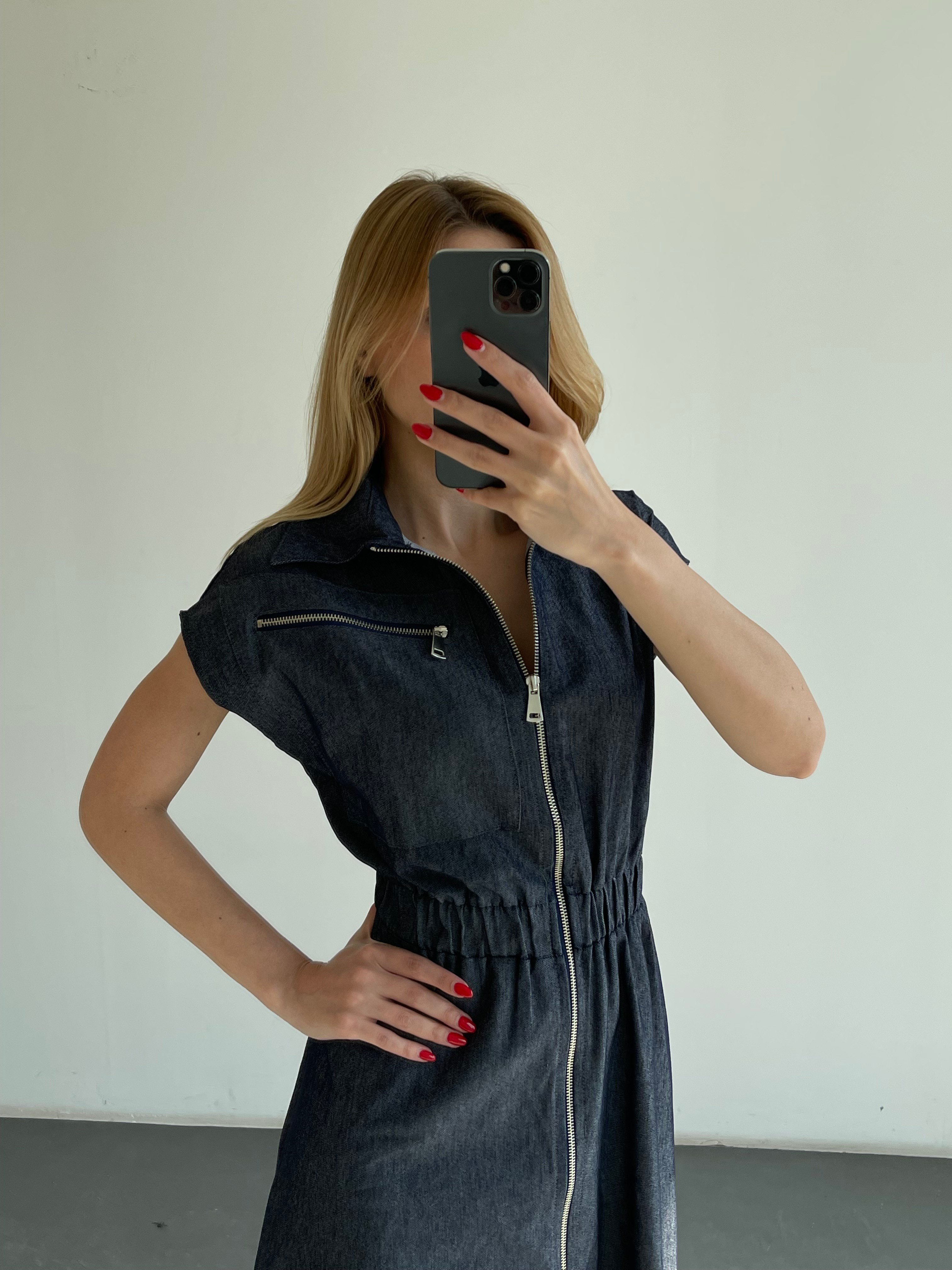 Denim Fermuarlı Gömlek Yaka Belden Büzgülü Elbise