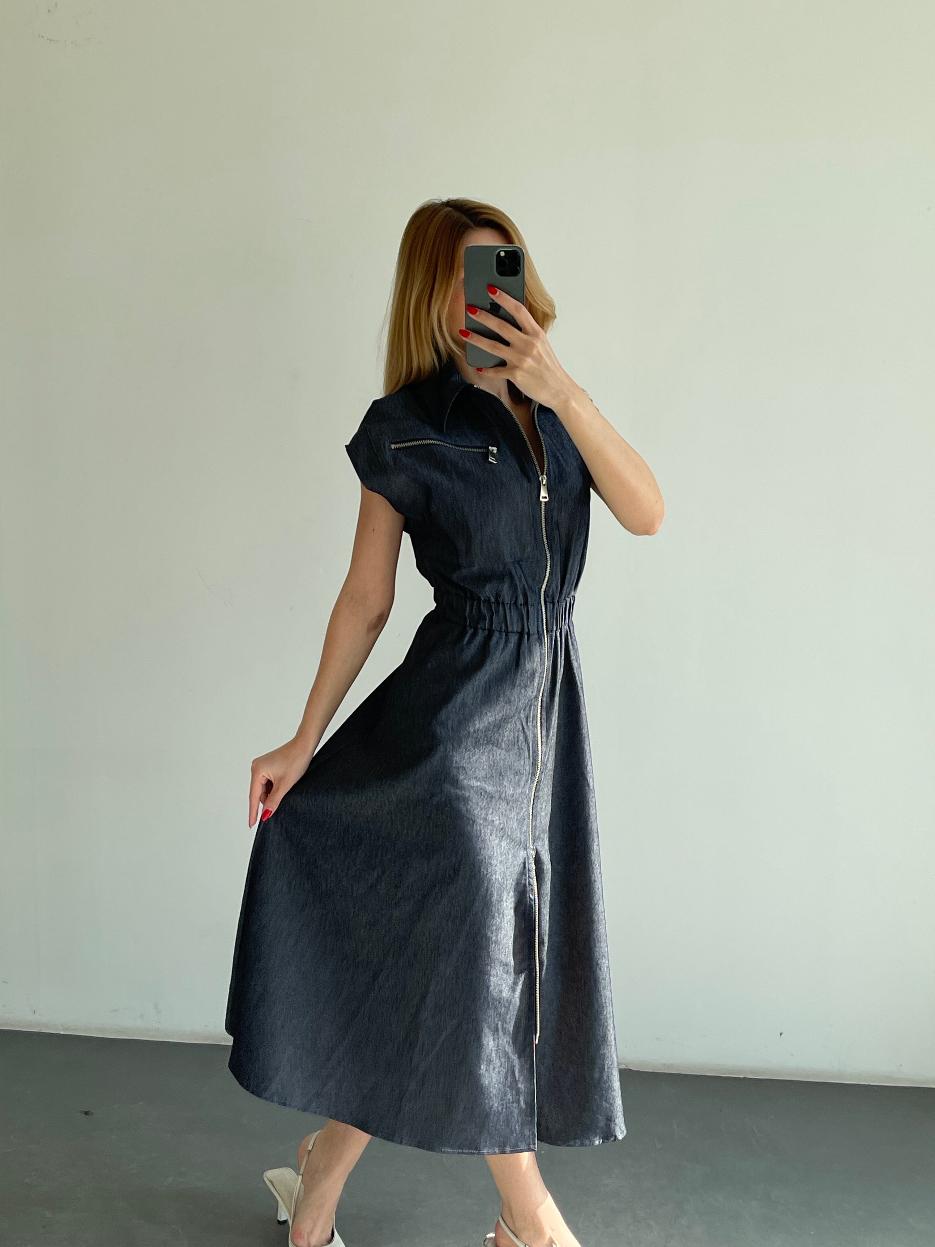 Denim Fermuarlı Gömlek Yaka Belden Büzgülü Elbise