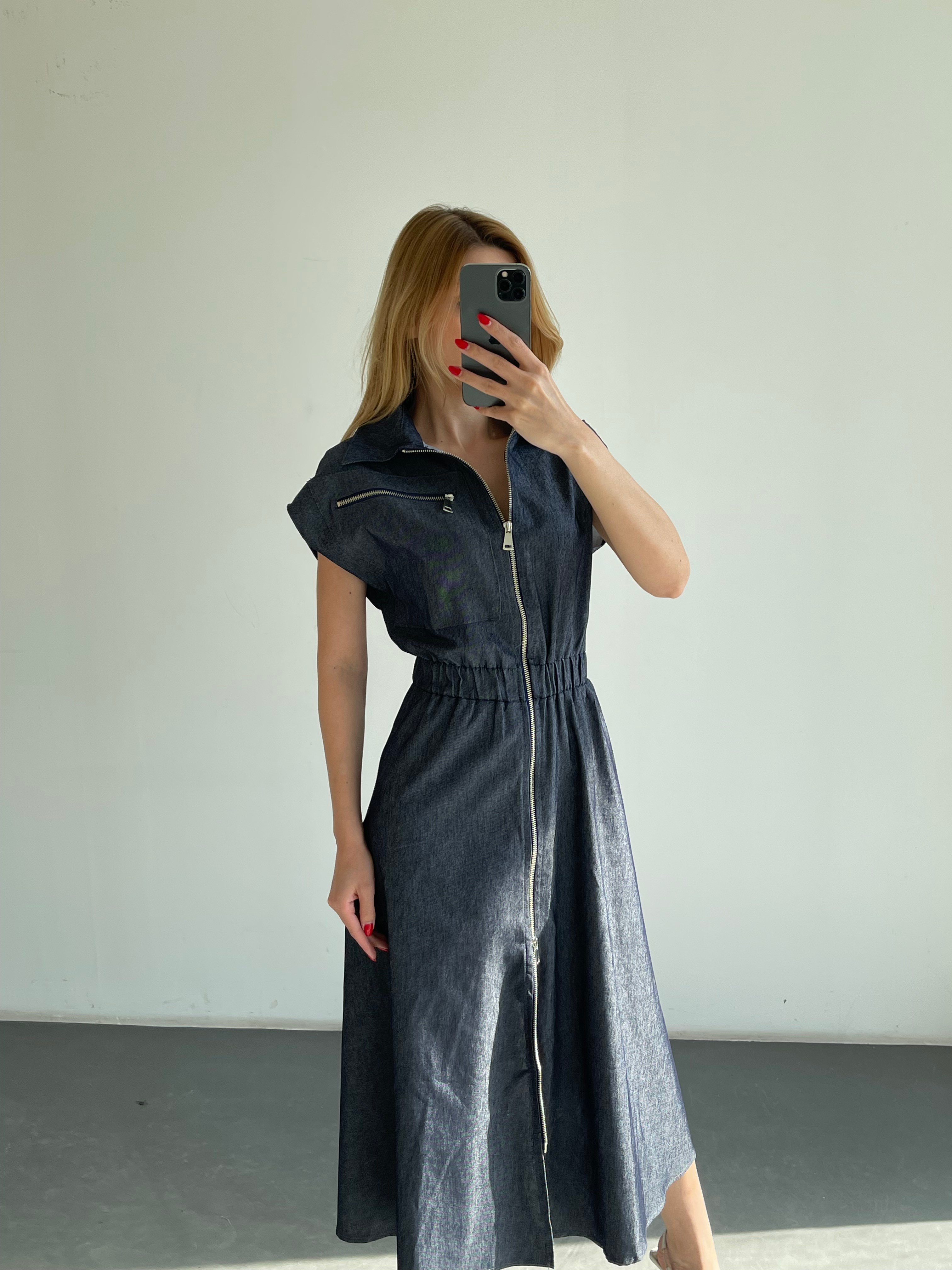 Denim Fermuarlı Gömlek Yaka Belden Büzgülü Elbise