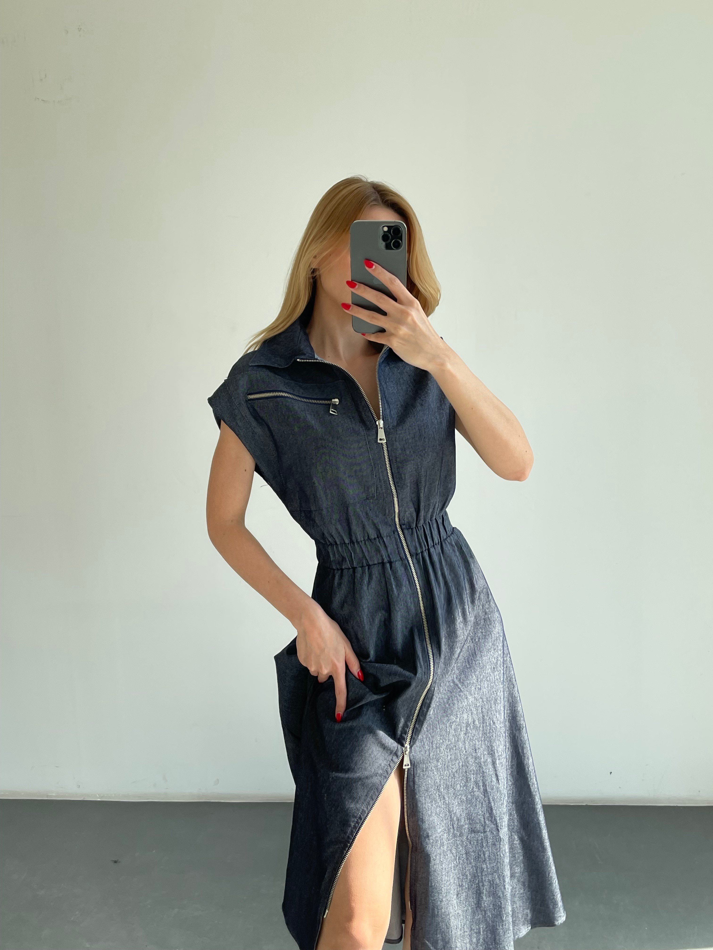 Denim Fermuarlı Gömlek Yaka Belden Büzgülü Elbise